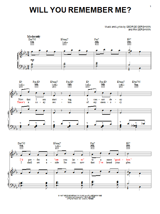 Download George Gershwin Will You Remember Me? Sheet Music and learn how to play Piano, Vocal & Guitar (Right-Hand Melody) PDF digital score in minutes