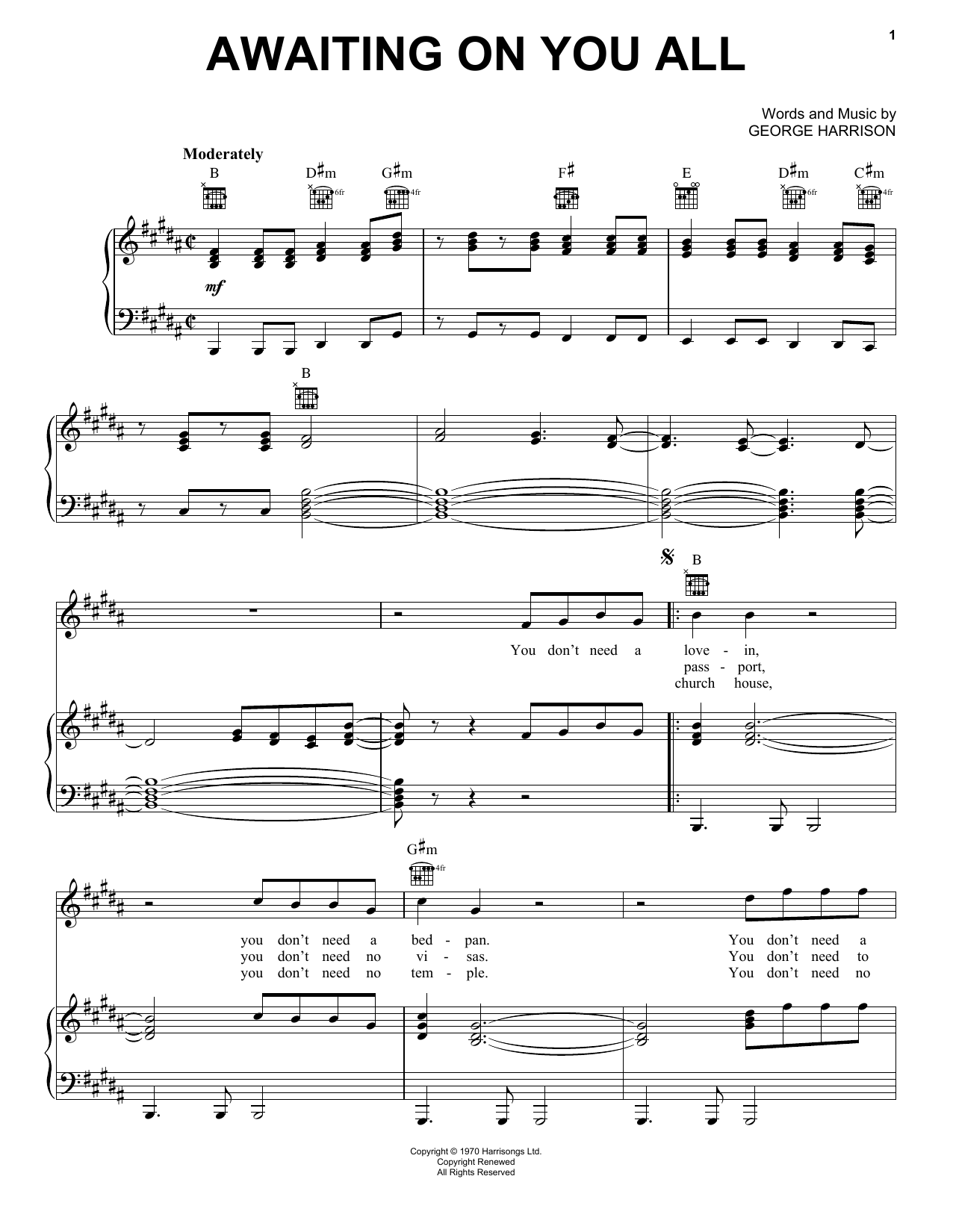 Download George Harrison Awaiting On You All Sheet Music and learn how to play Piano, Vocal & Guitar (Right-Hand Melody) PDF digital score in minutes