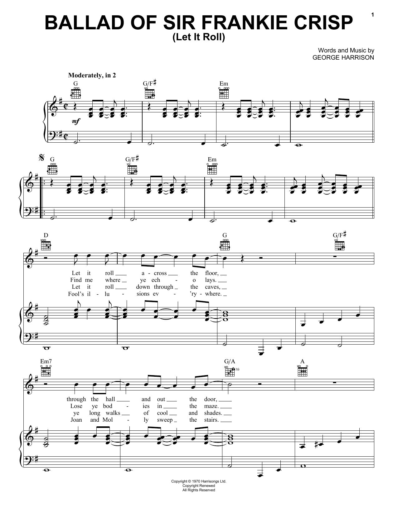 Download George Harrison Ballad Of Sir Frankie Crisp (Let It Roll) Sheet Music and learn how to play Piano, Vocal & Guitar (Right-Hand Melody) PDF digital score in minutes