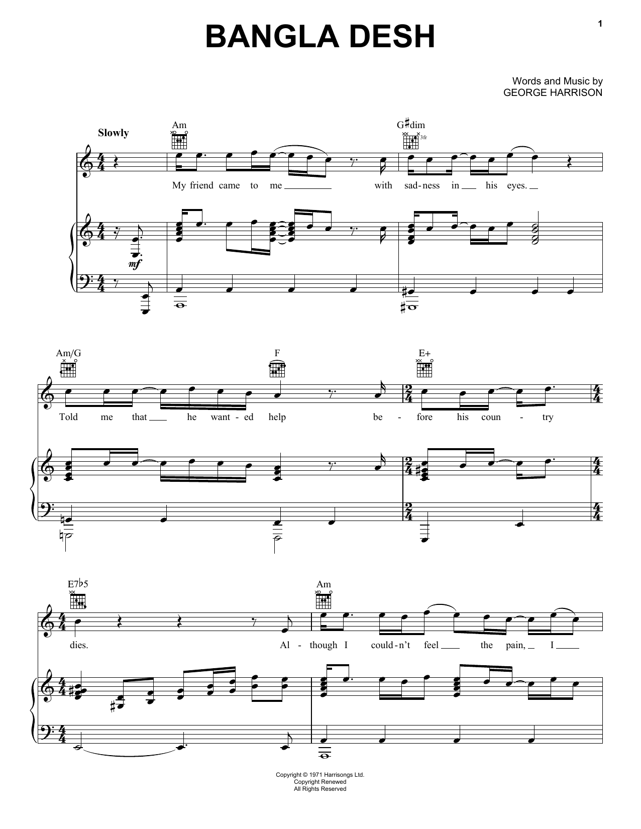 Download George Harrison Bangla Desh Sheet Music and learn how to play Piano, Vocal & Guitar (Right-Hand Melody) PDF digital score in minutes