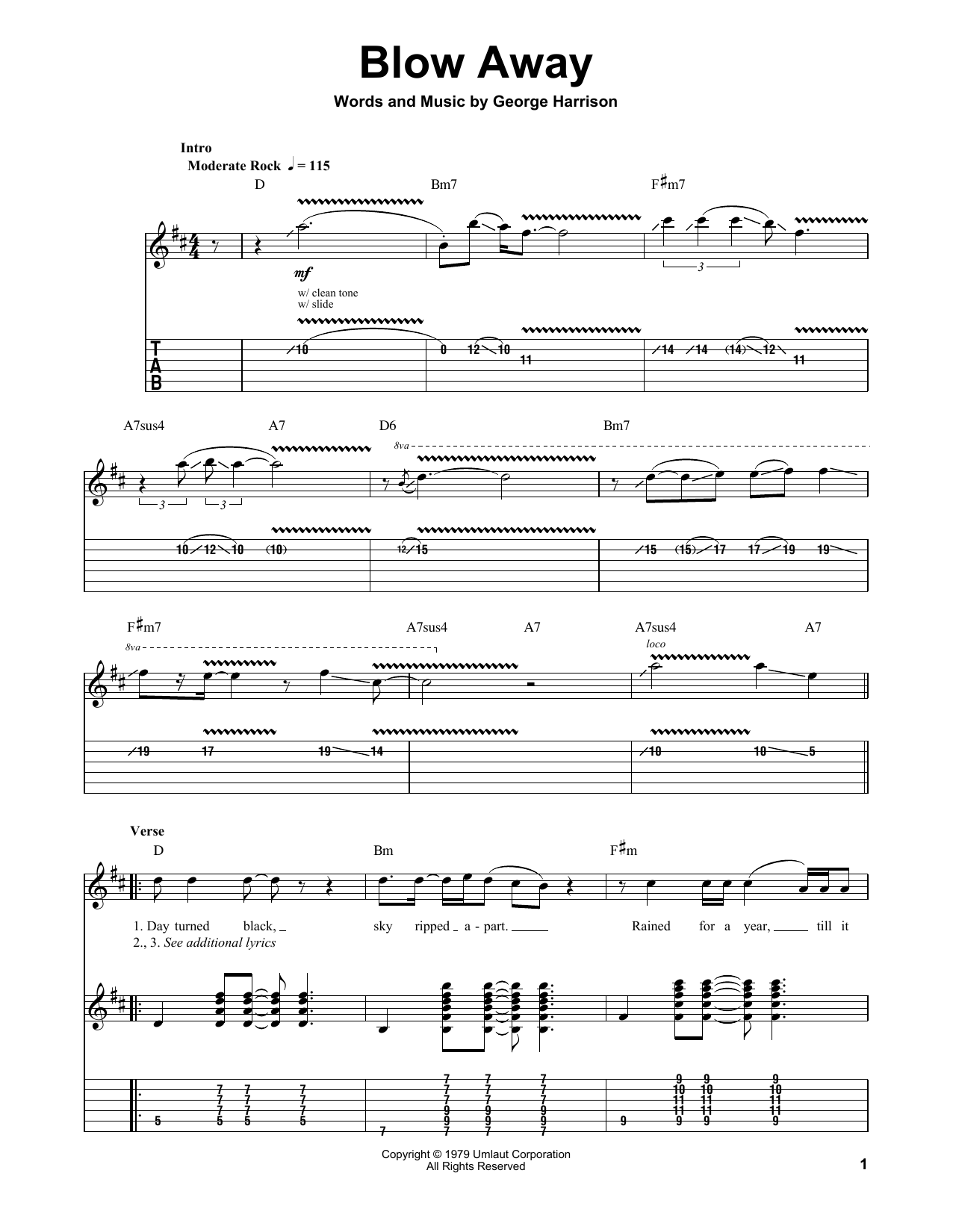 Download George Harrison Blow Away Sheet Music and learn how to play Guitar Tab (Single Guitar) PDF digital score in minutes