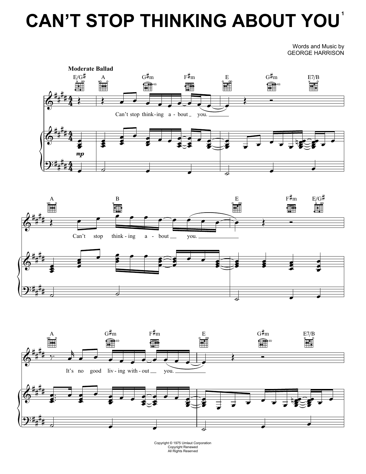 Download George Harrison Can't Stop Thinking About You Sheet Music and learn how to play Piano, Vocal & Guitar (Right-Hand Melody) PDF digital score in minutes