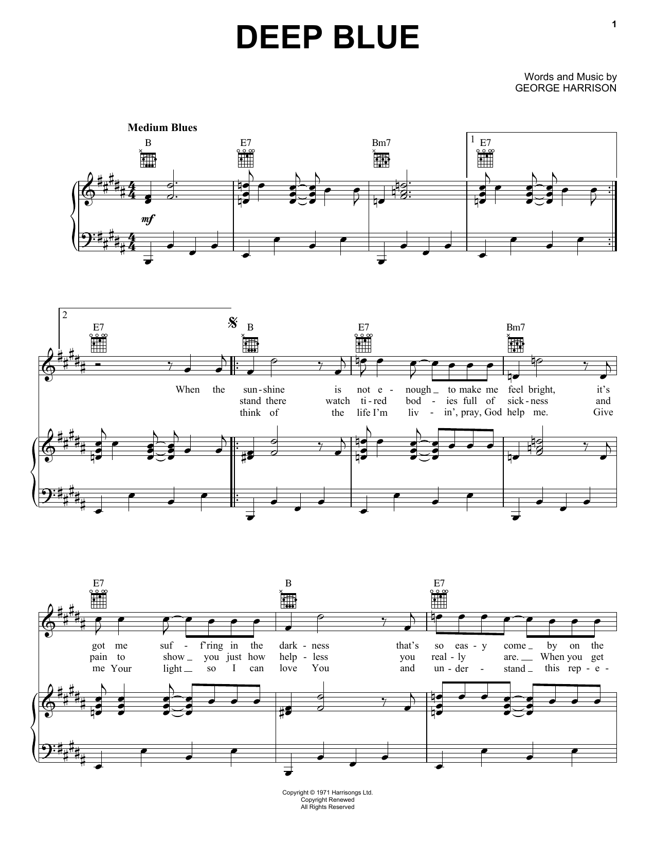 Download George Harrison Deep Blue Sheet Music and learn how to play Piano, Vocal & Guitar (Right-Hand Melody) PDF digital score in minutes