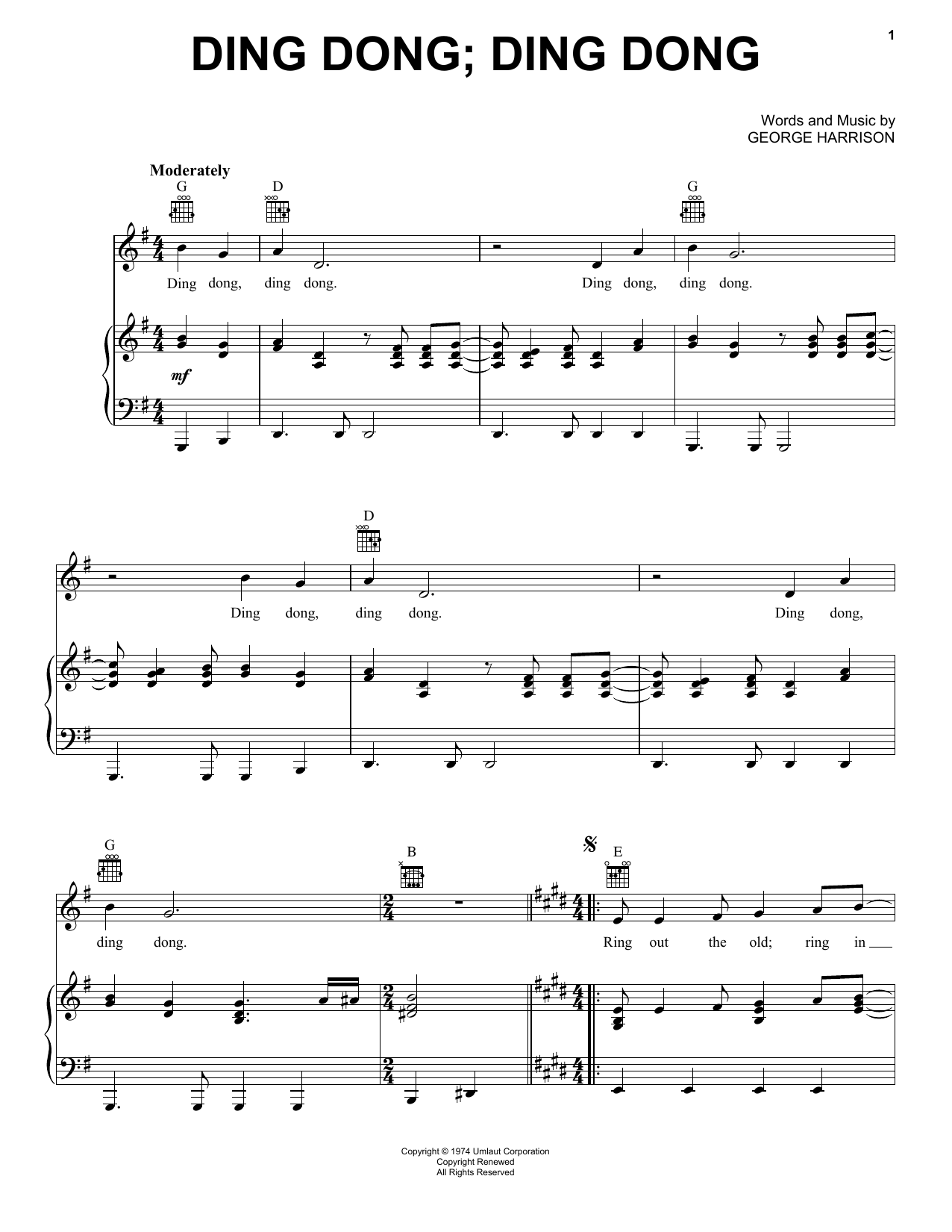 Download George Harrison Ding Dong; Ding Dong Sheet Music and learn how to play Piano, Vocal & Guitar (Right-Hand Melody) PDF digital score in minutes