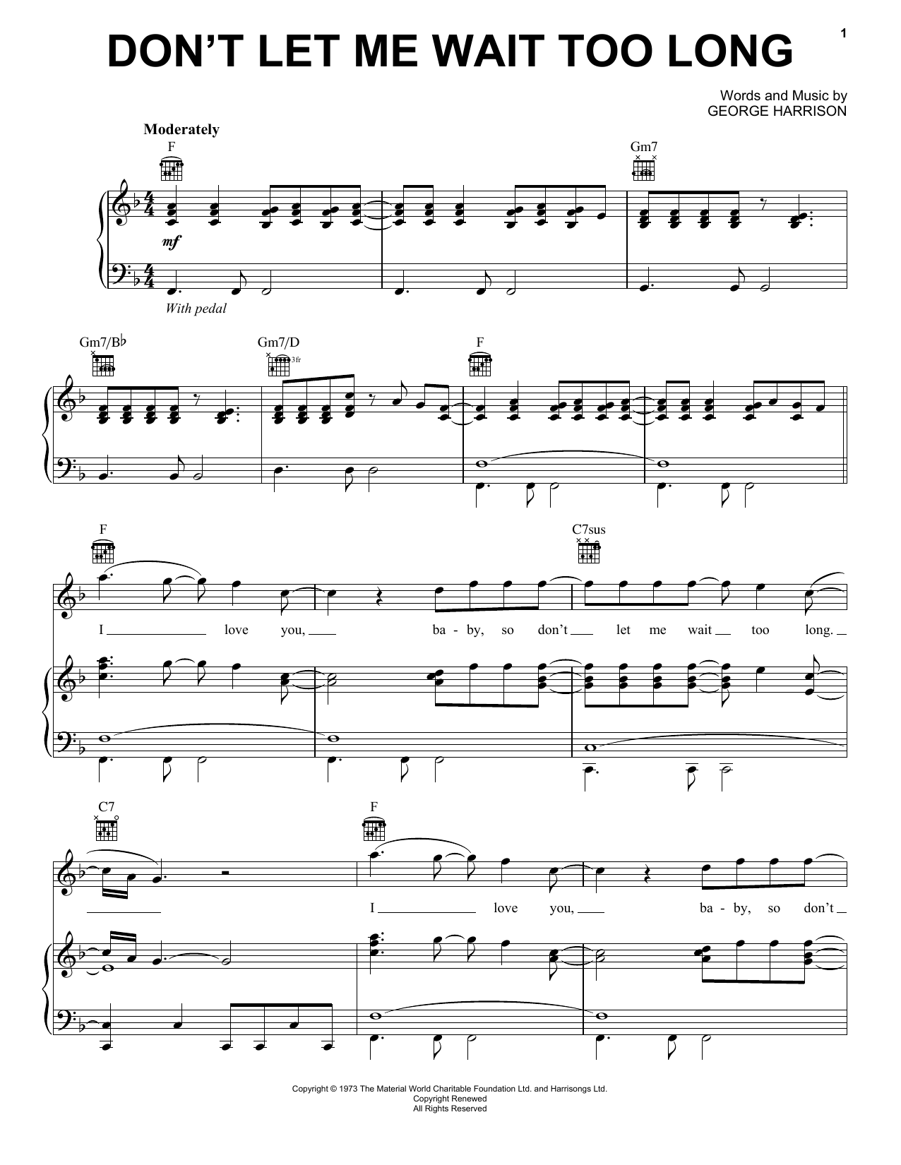 Download George Harrison Don't Let Me Wait Too Long Sheet Music and learn how to play Piano, Vocal & Guitar (Right-Hand Melody) PDF digital score in minutes