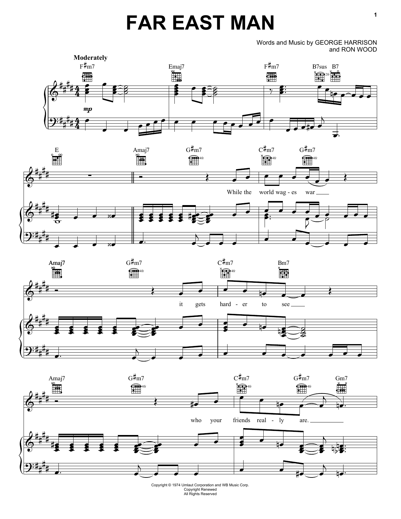 Download George Harrison Far East Man Sheet Music and learn how to play Piano, Vocal & Guitar (Right-Hand Melody) PDF digital score in minutes