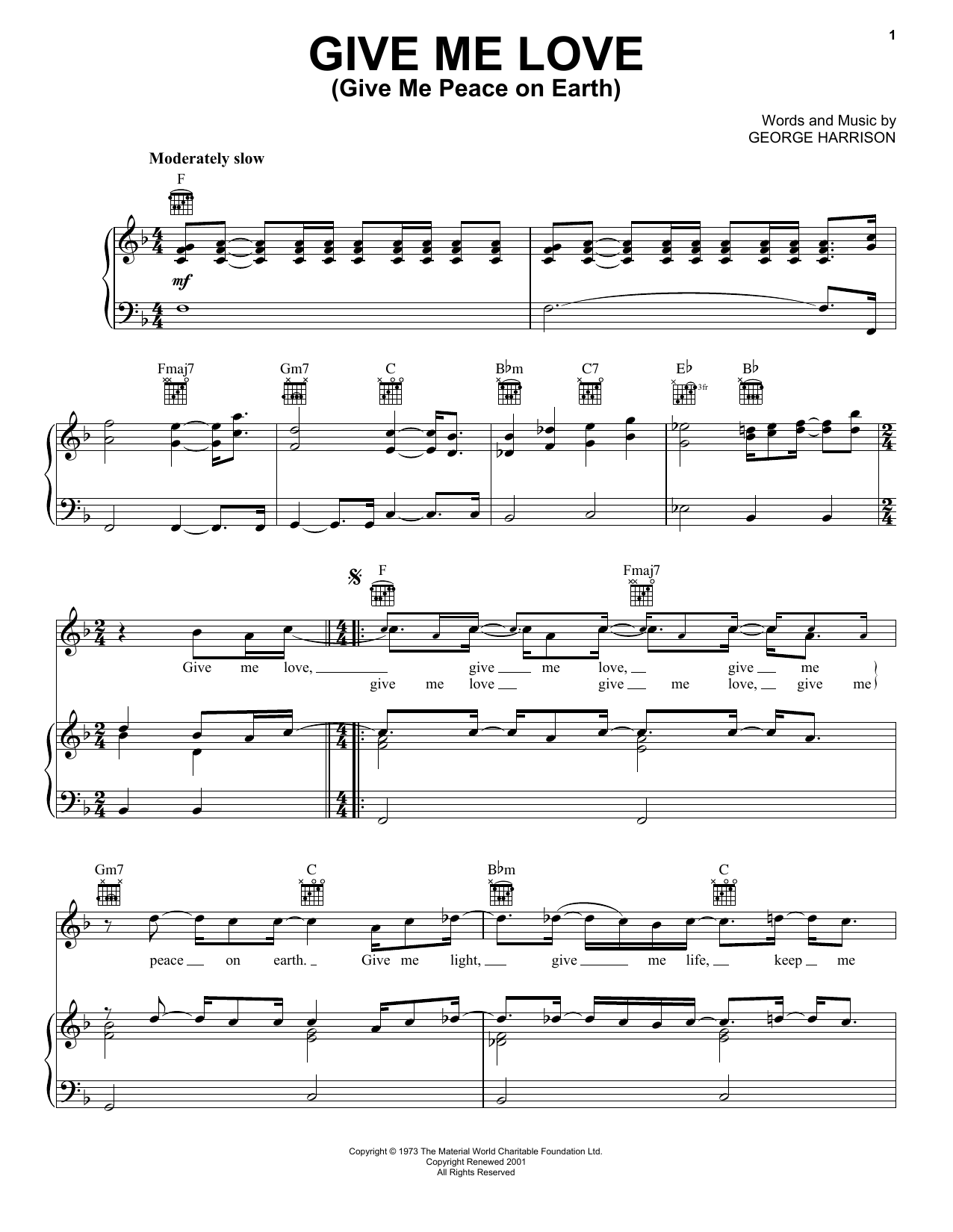 Download George Harrison Give Me Love (Give Me Peace On Earth) Sheet Music and learn how to play Piano, Vocal & Guitar (Right-Hand Melody) PDF digital score in minutes