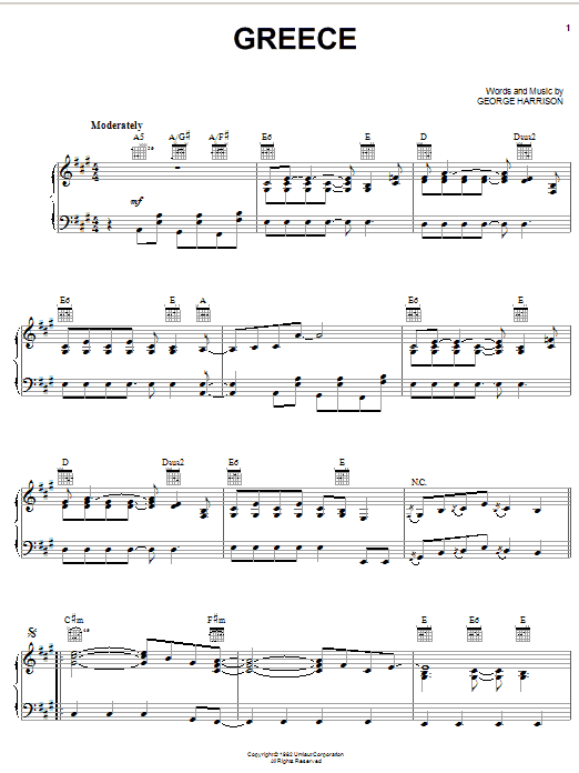Download George Harrison Greece Sheet Music and learn how to play Piano, Vocal & Guitar (Right-Hand Melody) PDF digital score in minutes
