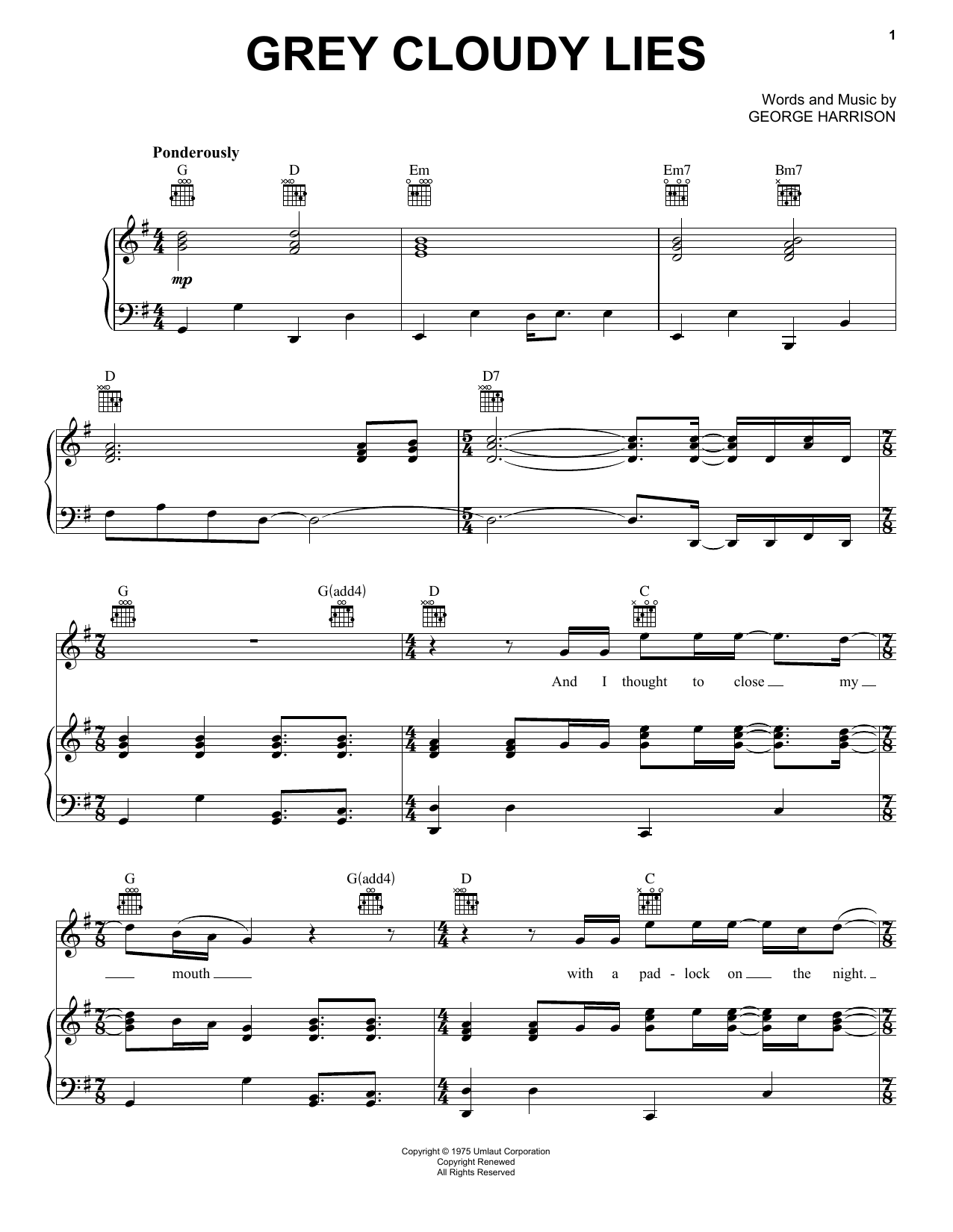 Download George Harrison Grey Cloudy Lies Sheet Music and learn how to play Piano, Vocal & Guitar (Right-Hand Melody) PDF digital score in minutes
