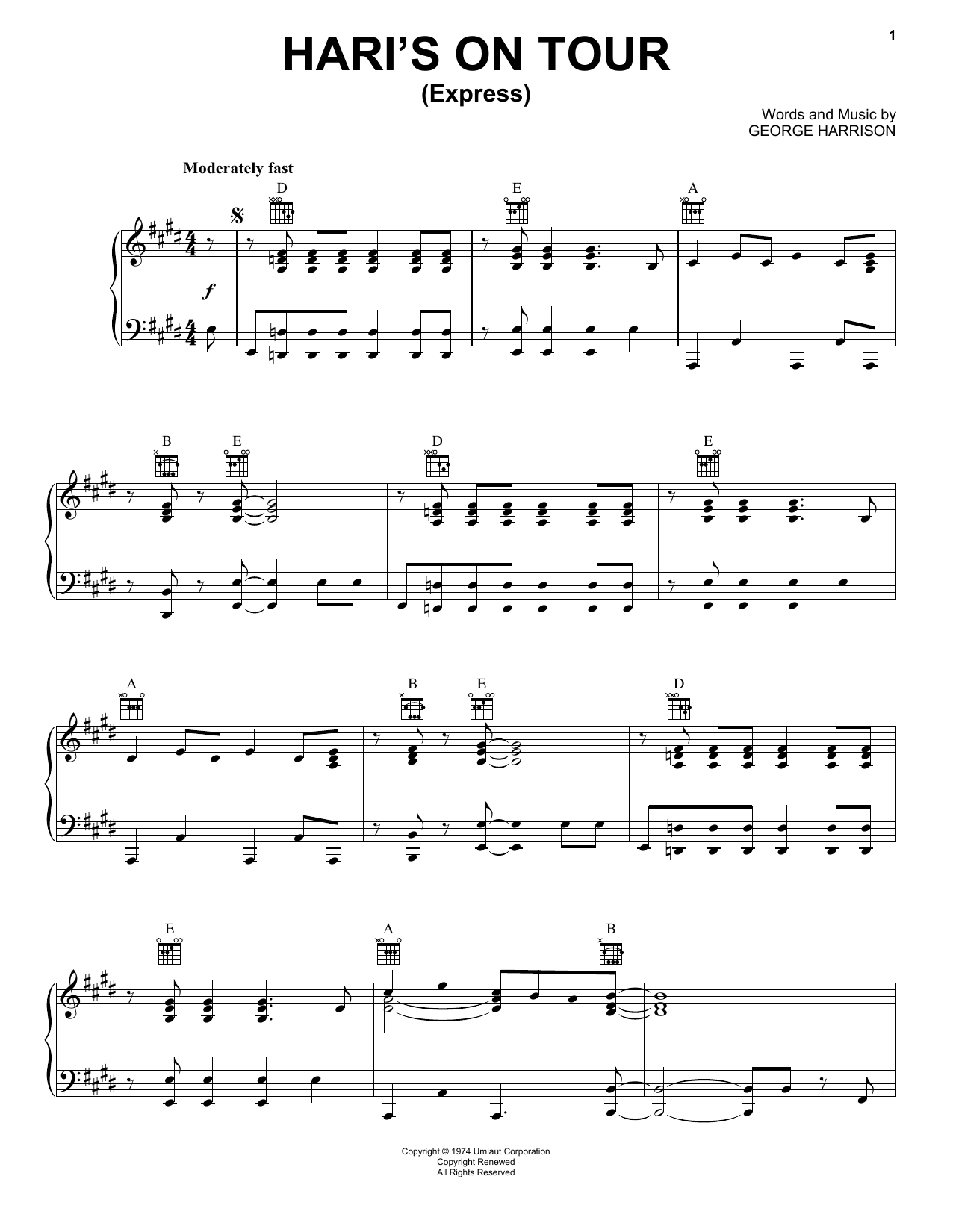 Download George Harrison Hari's On Tour (Express) Sheet Music and learn how to play Piano PDF digital score in minutes