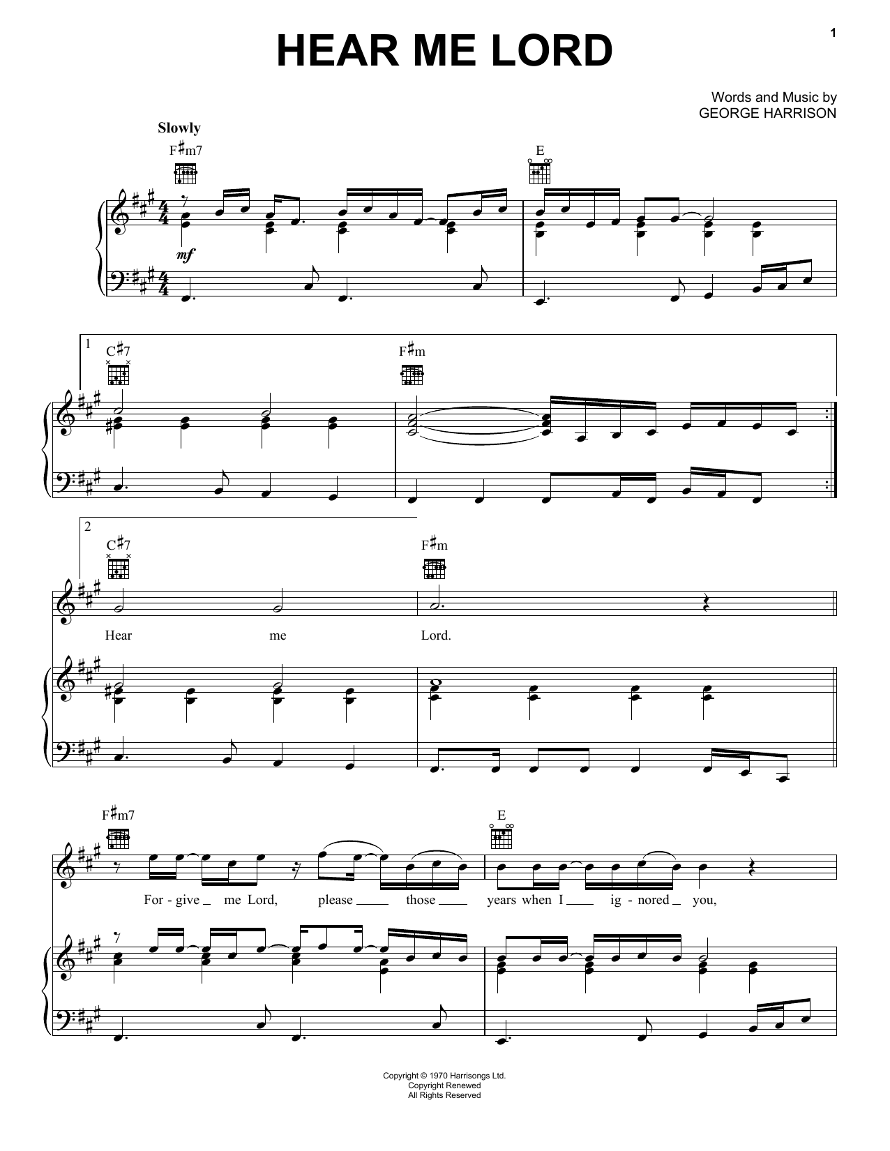 Download George Harrison Hear Me Lord Sheet Music and learn how to play Piano, Vocal & Guitar (Right-Hand Melody) PDF digital score in minutes
