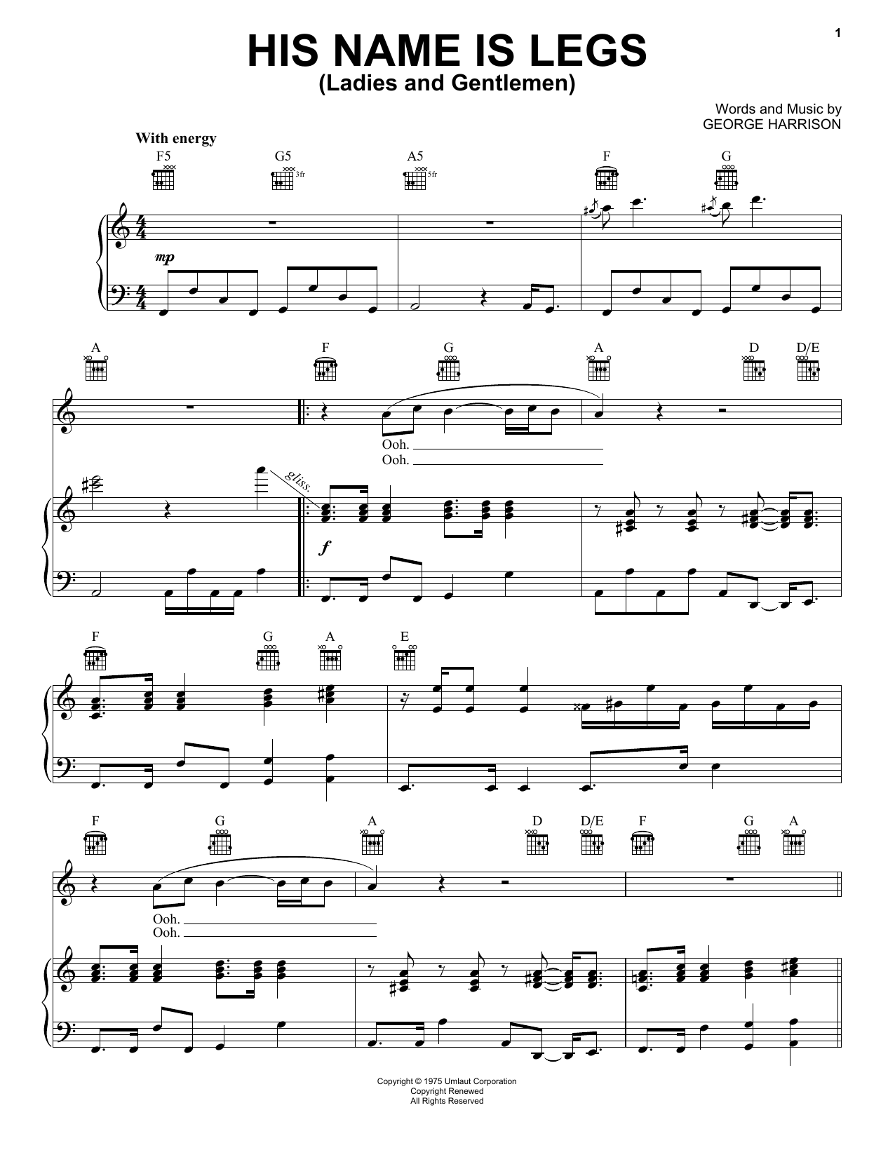 Download George Harrison His Name Is Legs (Ladies And Gentlemen) Sheet Music and learn how to play Piano, Vocal & Guitar (Right-Hand Melody) PDF digital score in minutes