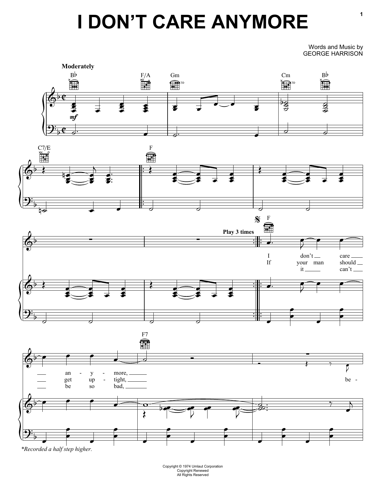 Download George Harrison I Don't Care Anymore Sheet Music and learn how to play Piano, Vocal & Guitar (Right-Hand Melody) PDF digital score in minutes