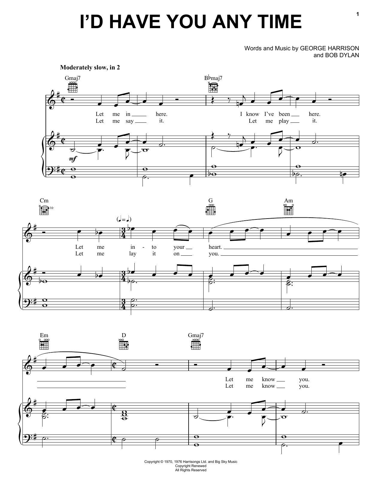 Download George Harrison I'd Have You Any Time Sheet Music and learn how to play Piano, Vocal & Guitar (Right-Hand Melody) PDF digital score in minutes