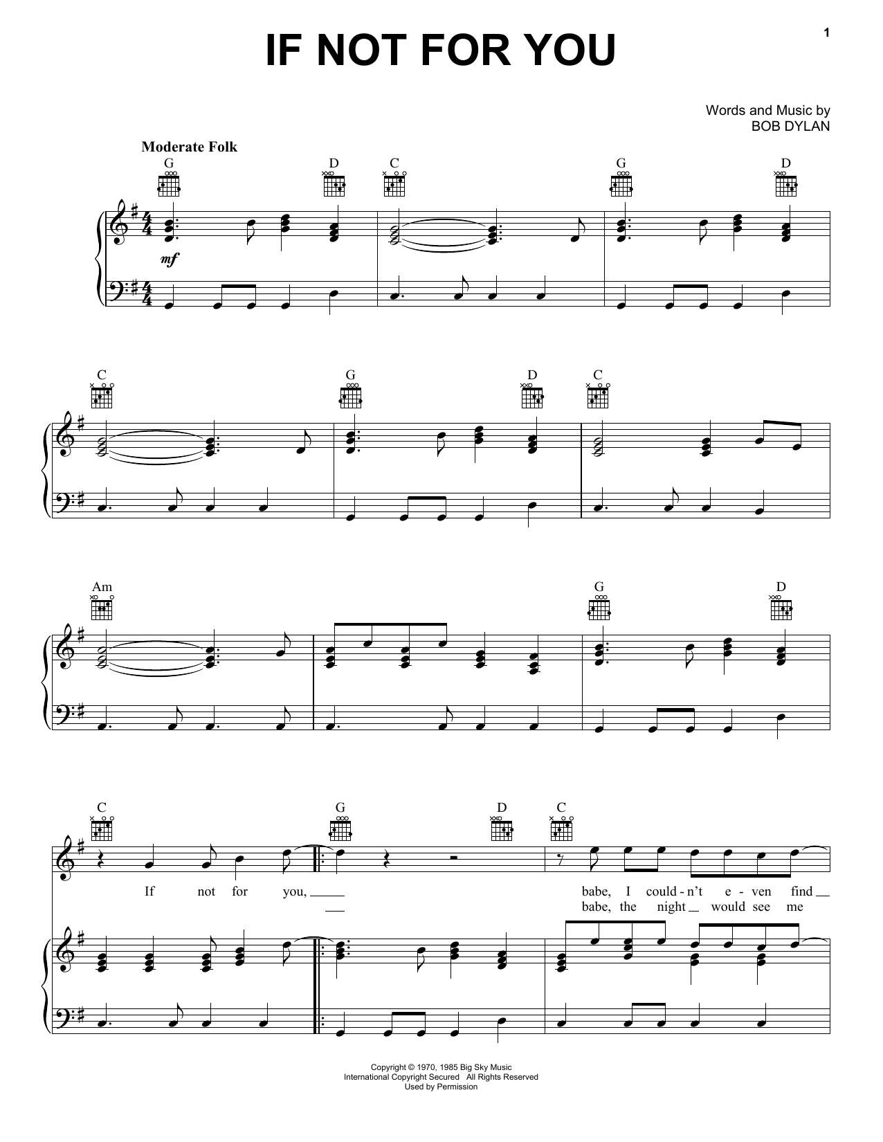 Download George Harrison If Not For You Sheet Music and learn how to play Piano, Vocal & Guitar (Right-Hand Melody) PDF digital score in minutes