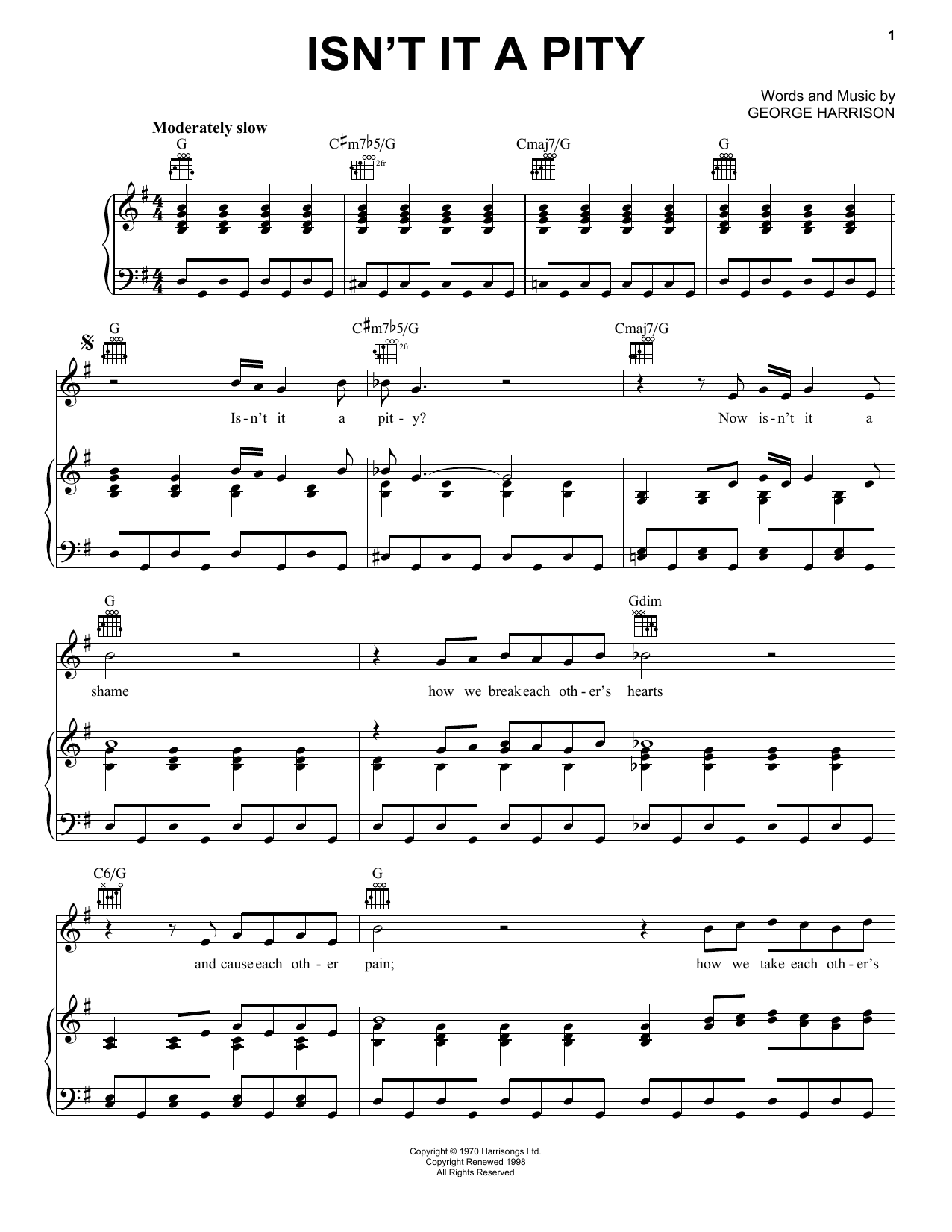 Download George Harrison Isn't It A Pity Sheet Music and learn how to play Piano, Vocal & Guitar (Right-Hand Melody) PDF digital score in minutes