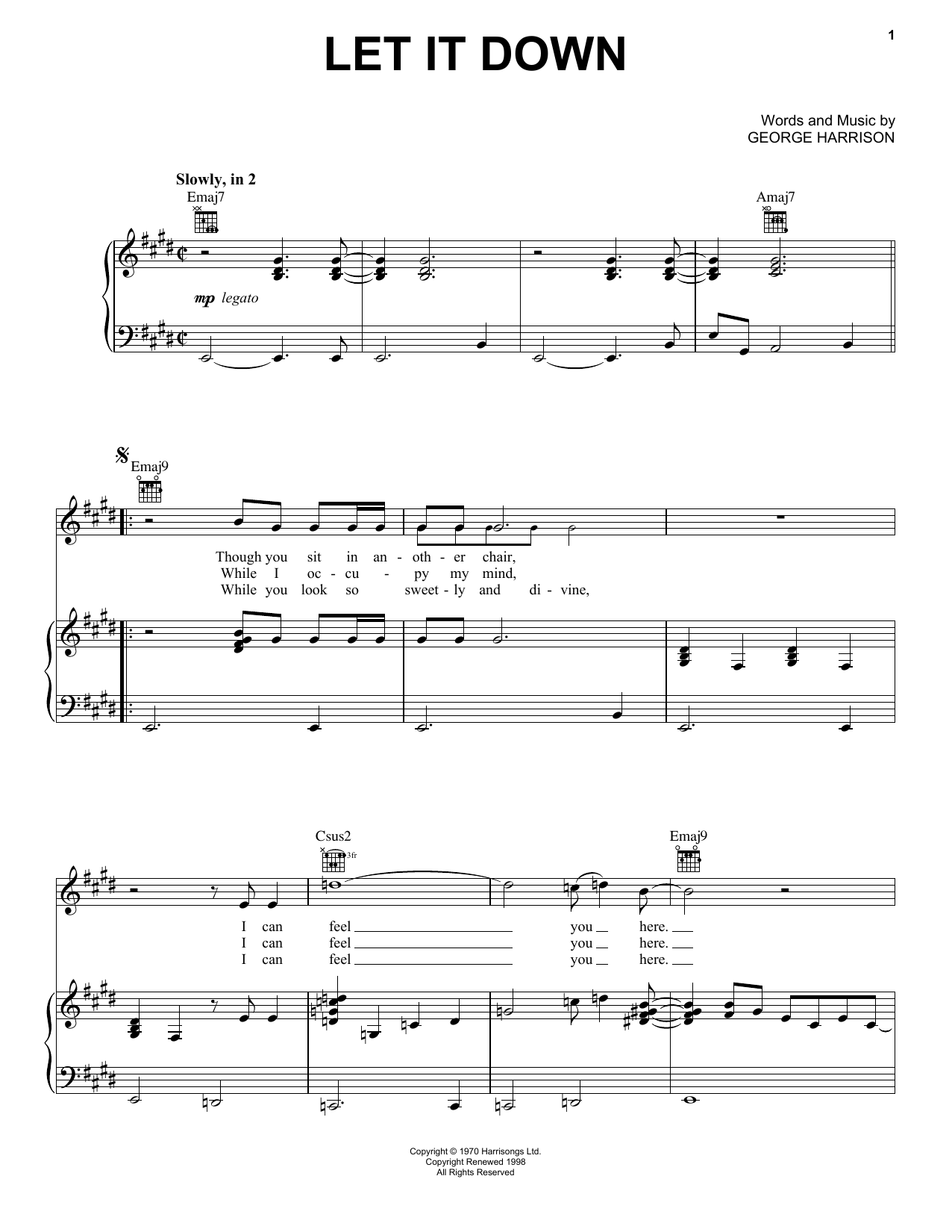 Download George Harrison Let It Down Sheet Music and learn how to play Piano, Vocal & Guitar (Right-Hand Melody) PDF digital score in minutes