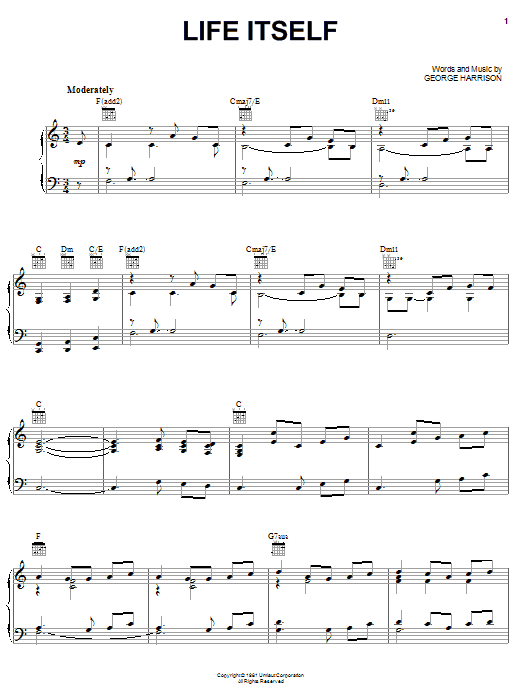 Download George Harrison Life Itself Sheet Music and learn how to play Piano, Vocal & Guitar (Right-Hand Melody) PDF digital score in minutes