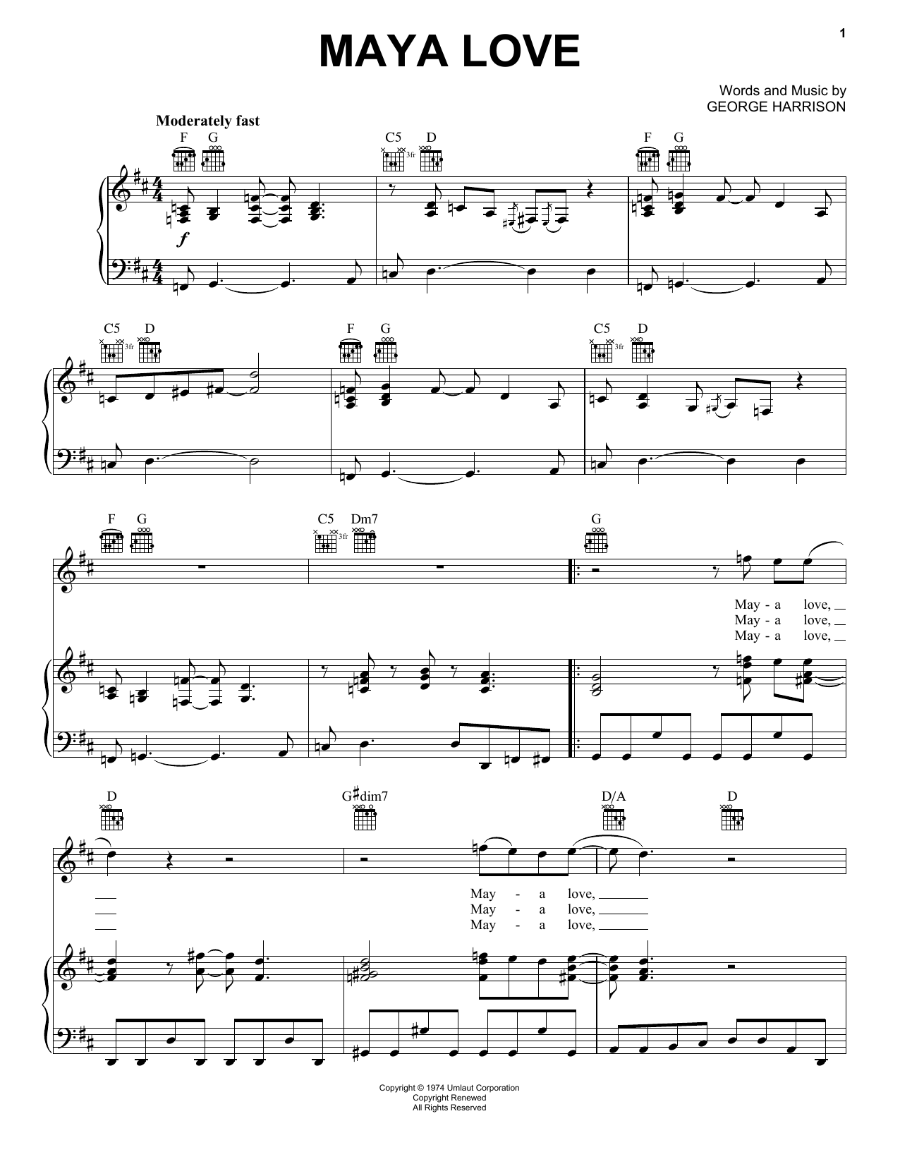 Download George Harrison Maya Love Sheet Music and learn how to play Piano, Vocal & Guitar (Right-Hand Melody) PDF digital score in minutes