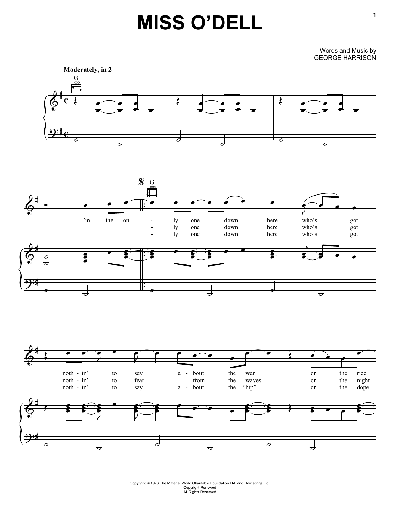 Download George Harrison Miss O'Dell Sheet Music and learn how to play Piano, Vocal & Guitar (Right-Hand Melody) PDF digital score in minutes