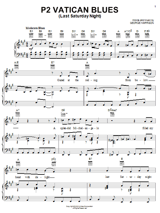 Download George Harrison P2 Vatican Blues (Last Saturday Night) Sheet Music and learn how to play Piano, Vocal & Guitar (Right-Hand Melody) PDF digital score in minutes