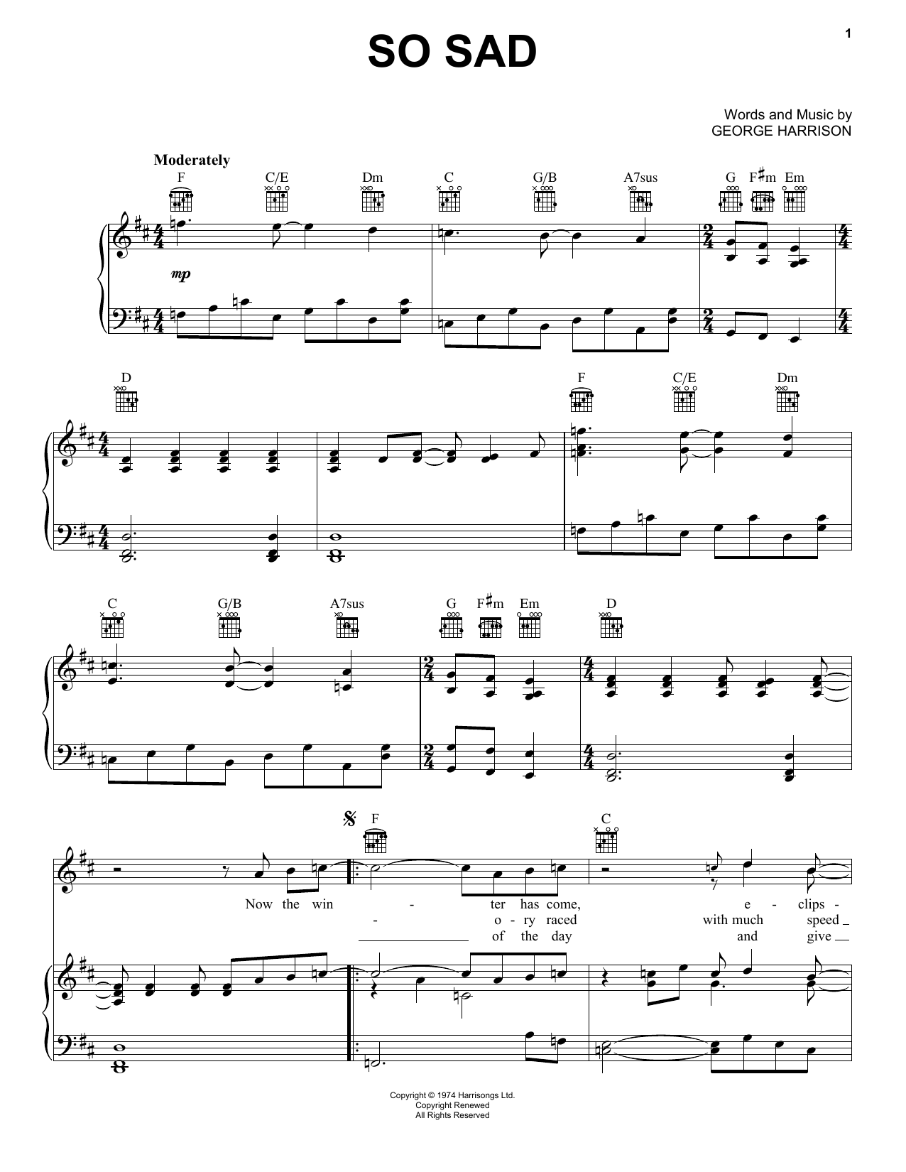 Download George Harrison So Sad Sheet Music and learn how to play Piano, Vocal & Guitar (Right-Hand Melody) PDF digital score in minutes