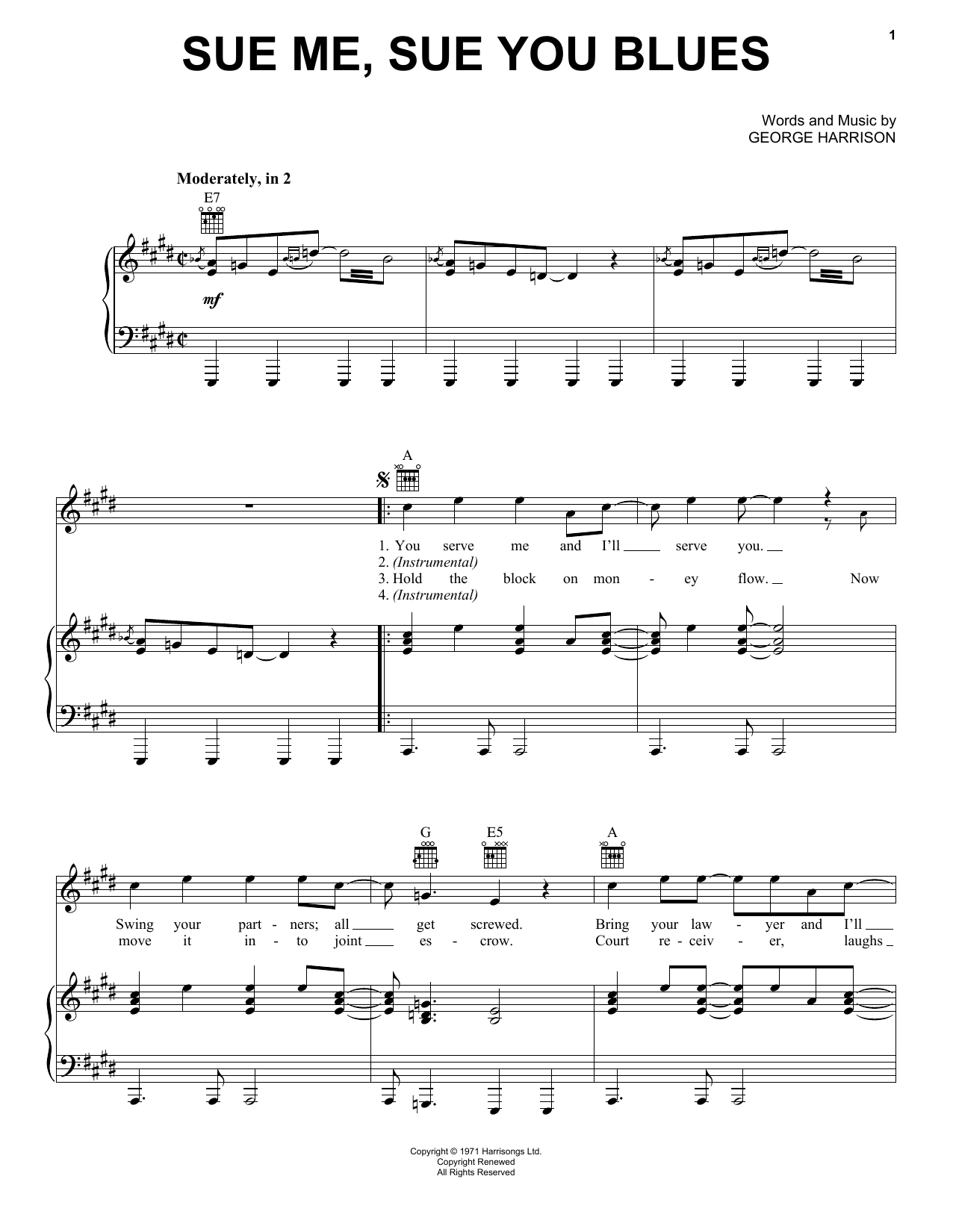 Download George Harrison Sue Me, Sue You Blues Sheet Music and learn how to play Piano, Vocal & Guitar (Right-Hand Melody) PDF digital score in minutes