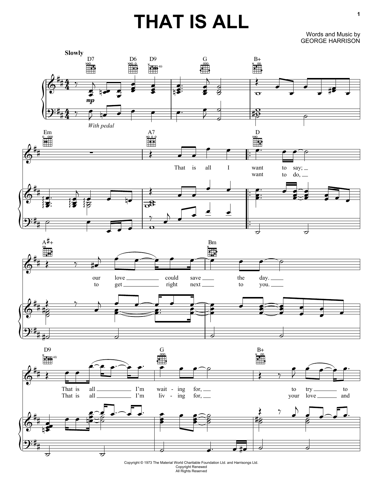 Download George Harrison That Is All Sheet Music and learn how to play Piano, Vocal & Guitar (Right-Hand Melody) PDF digital score in minutes