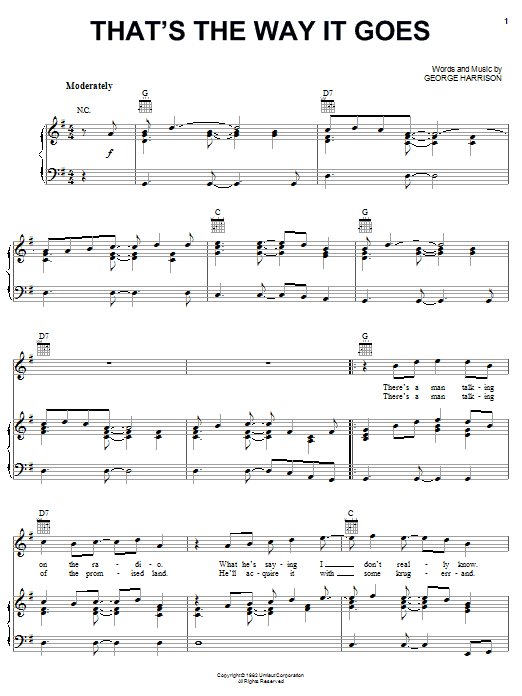 Download George Harrison That's The Way It Goes Sheet Music and learn how to play Piano, Vocal & Guitar (Right-Hand Melody) PDF digital score in minutes