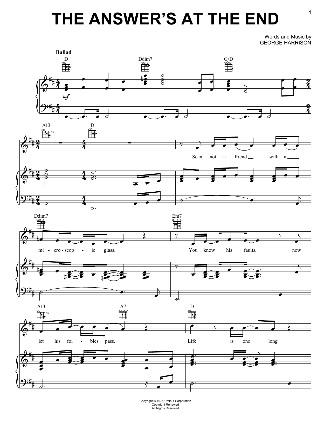 Download George Harrison The Answer's At The End Sheet Music and learn how to play Piano, Vocal & Guitar (Right-Hand Melody) PDF digital score in minutes