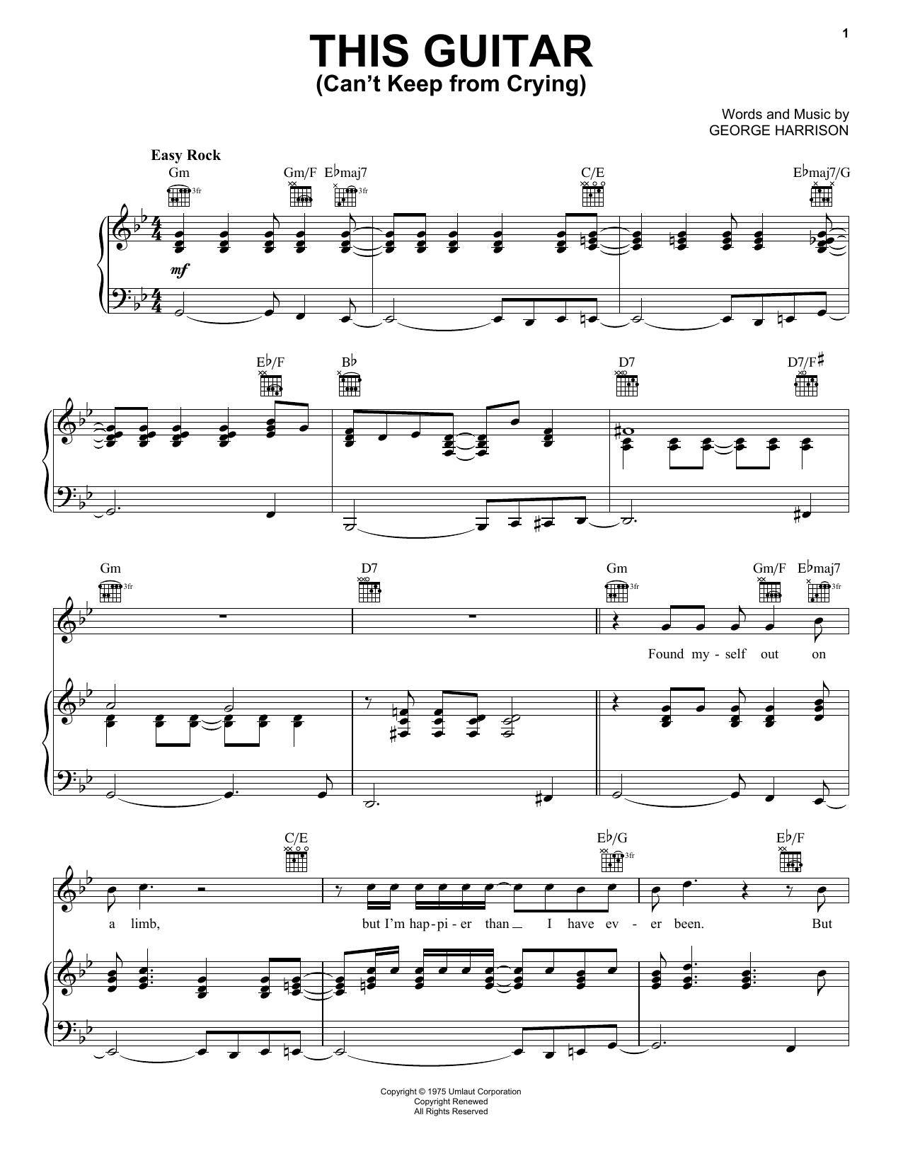 Download George Harrison This Guitar (Can't Keep From Crying) Sheet Music and learn how to play Piano, Vocal & Guitar (Right-Hand Melody) PDF digital score in minutes
