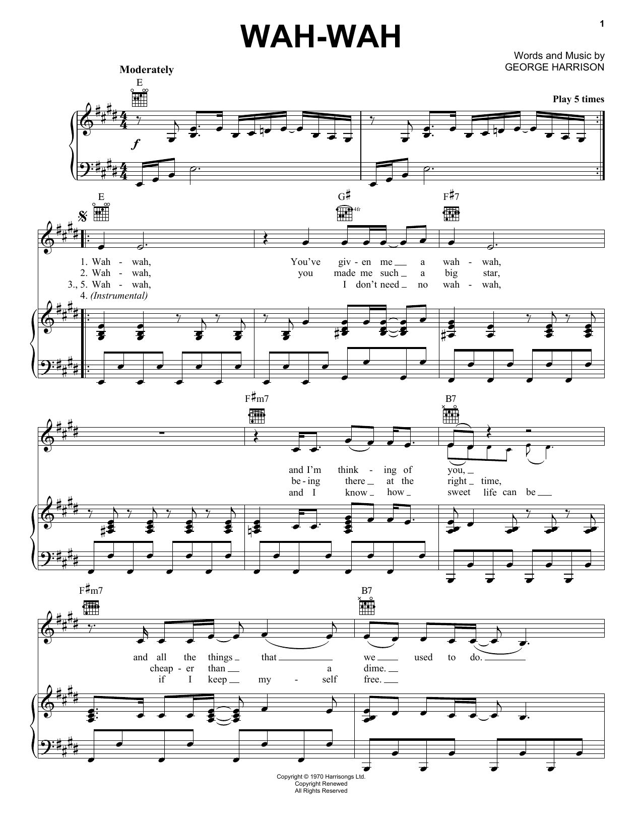 Download George Harrison Wah-wah Sheet Music and learn how to play Piano, Vocal & Guitar (Right-Hand Melody) PDF digital score in minutes