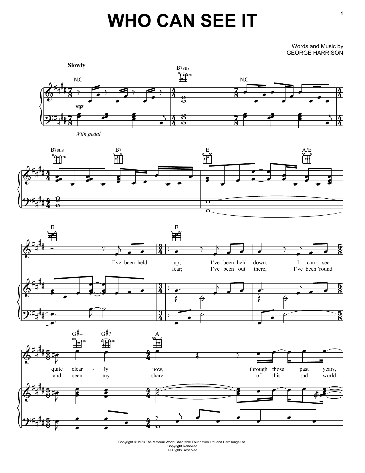Download George Harrison Who Can See It Sheet Music and learn how to play Piano, Vocal & Guitar (Right-Hand Melody) PDF digital score in minutes