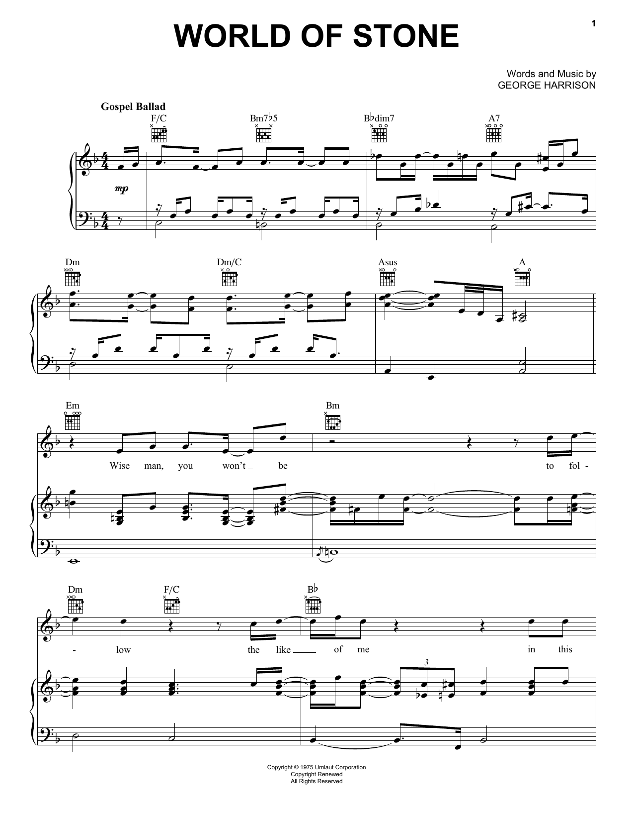 Download George Harrison World Of Stone Sheet Music and learn how to play Piano, Vocal & Guitar (Right-Hand Melody) PDF digital score in minutes