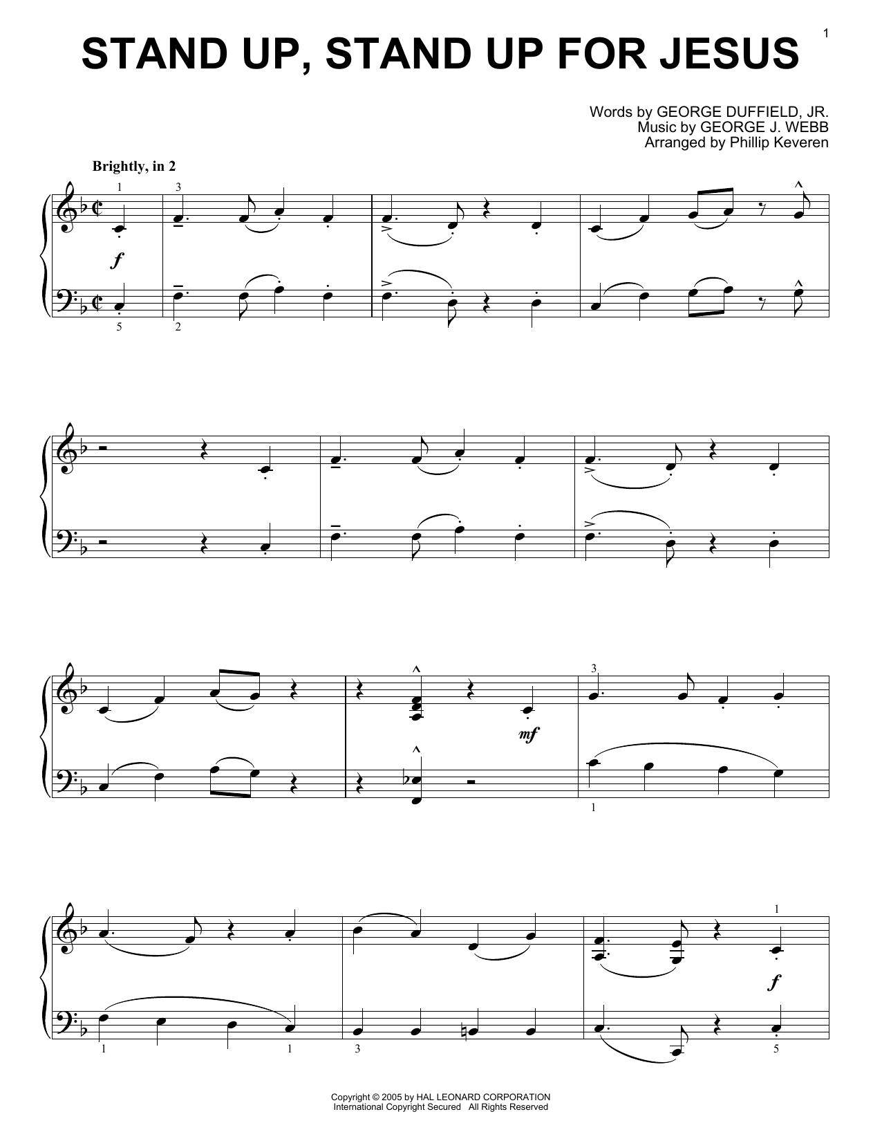 Download George J. Webb Stand Up, Stand Up For Jesus [Jazz version] (arr. Phillip Keveren) Sheet Music and learn how to play Piano Solo PDF digital score in minutes