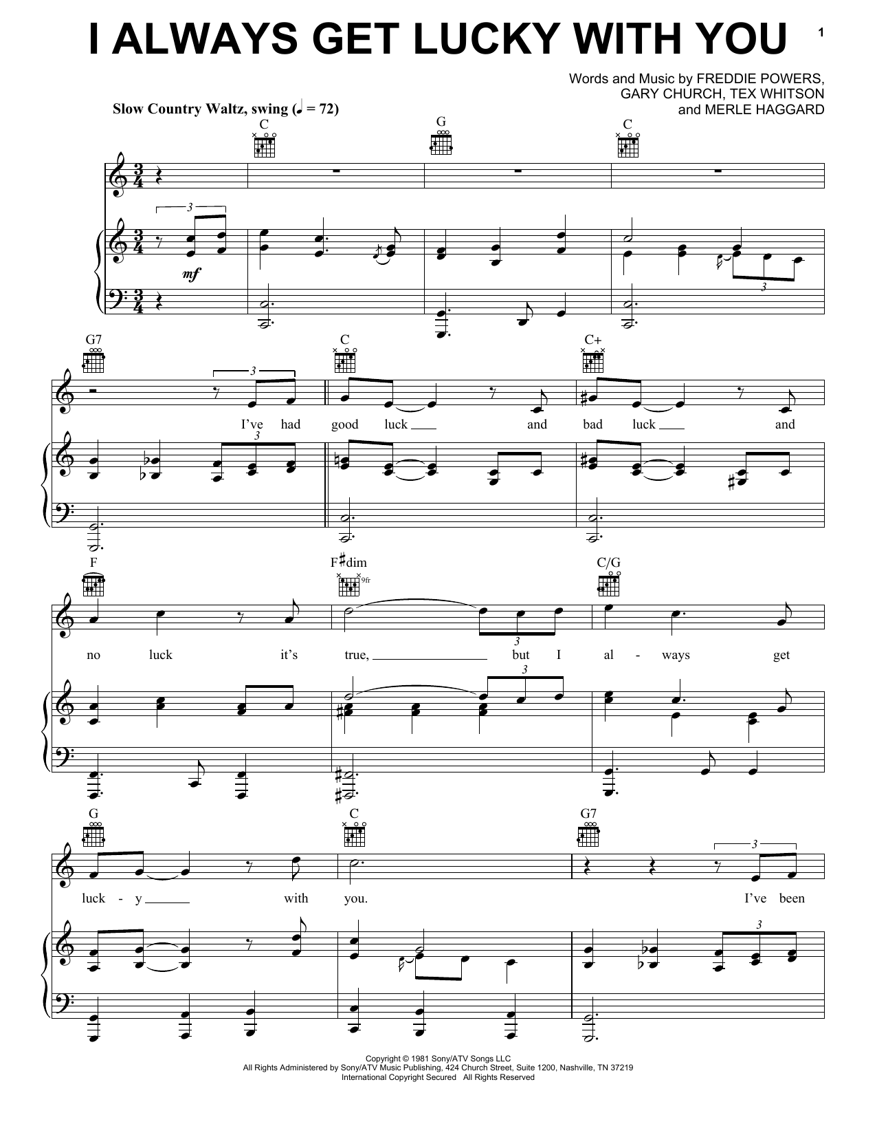 Download George Jones I Always Get Lucky With You Sheet Music and learn how to play Piano, Vocal & Guitar (Right-Hand Melody) PDF digital score in minutes