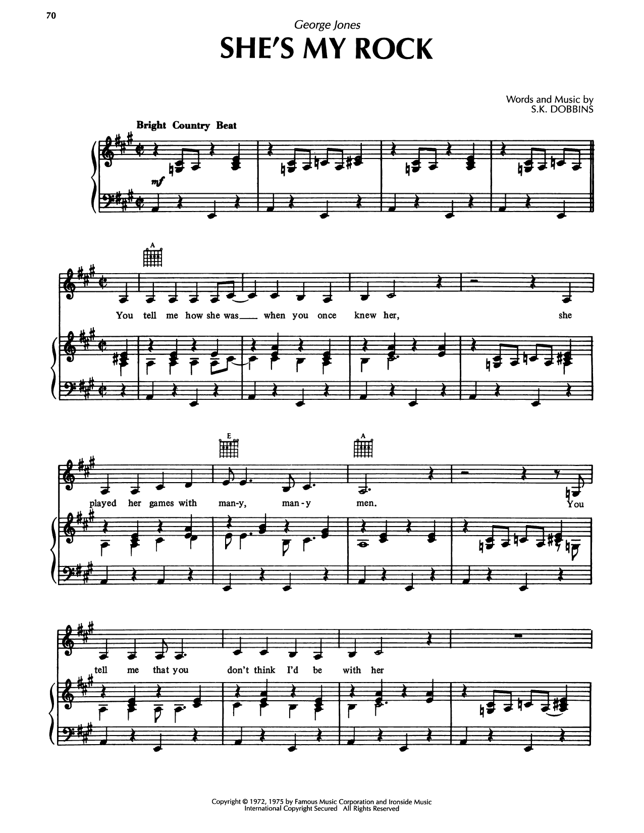 Download George Jones She's My Rock Sheet Music and learn how to play Piano, Vocal & Guitar Chords (Right-Hand Melody) PDF digital score in minutes