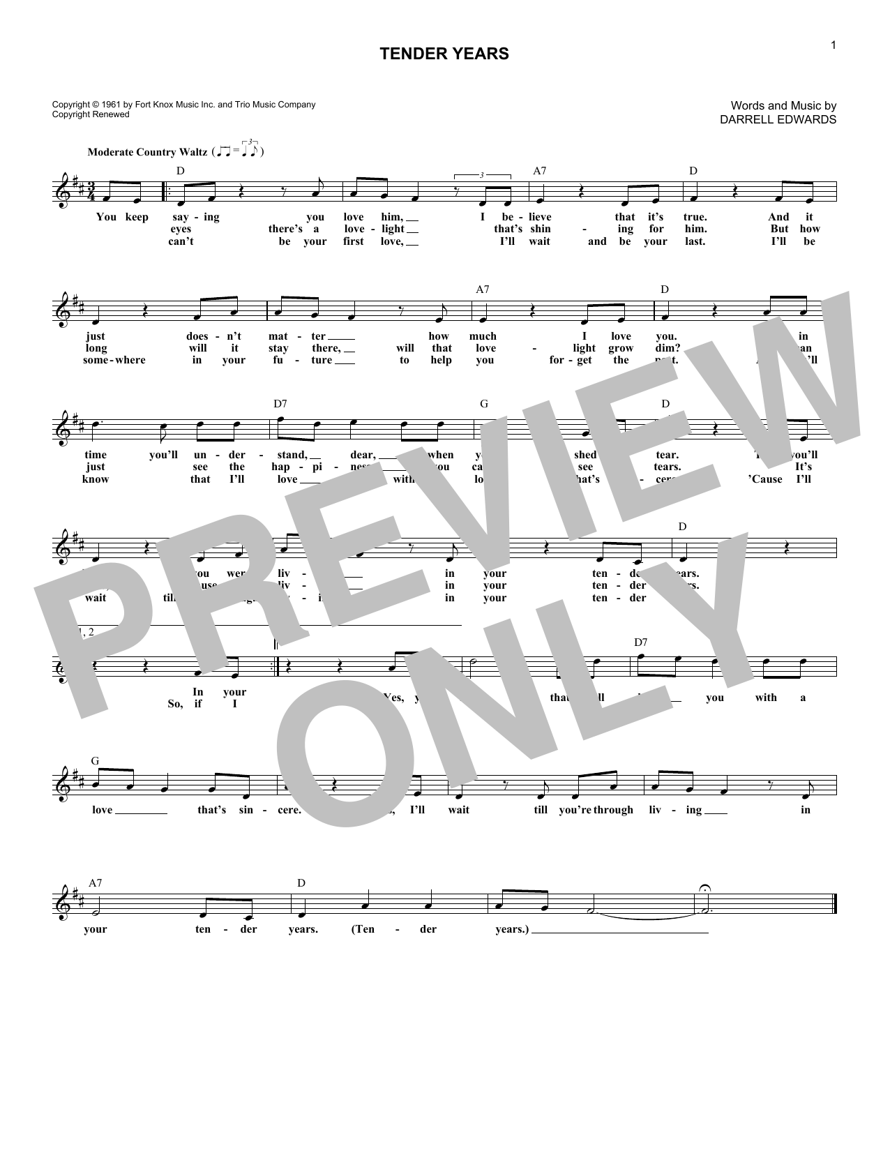 Download George Jones Tender Years Sheet Music and learn how to play Melody Line, Lyrics & Chords PDF digital score in minutes