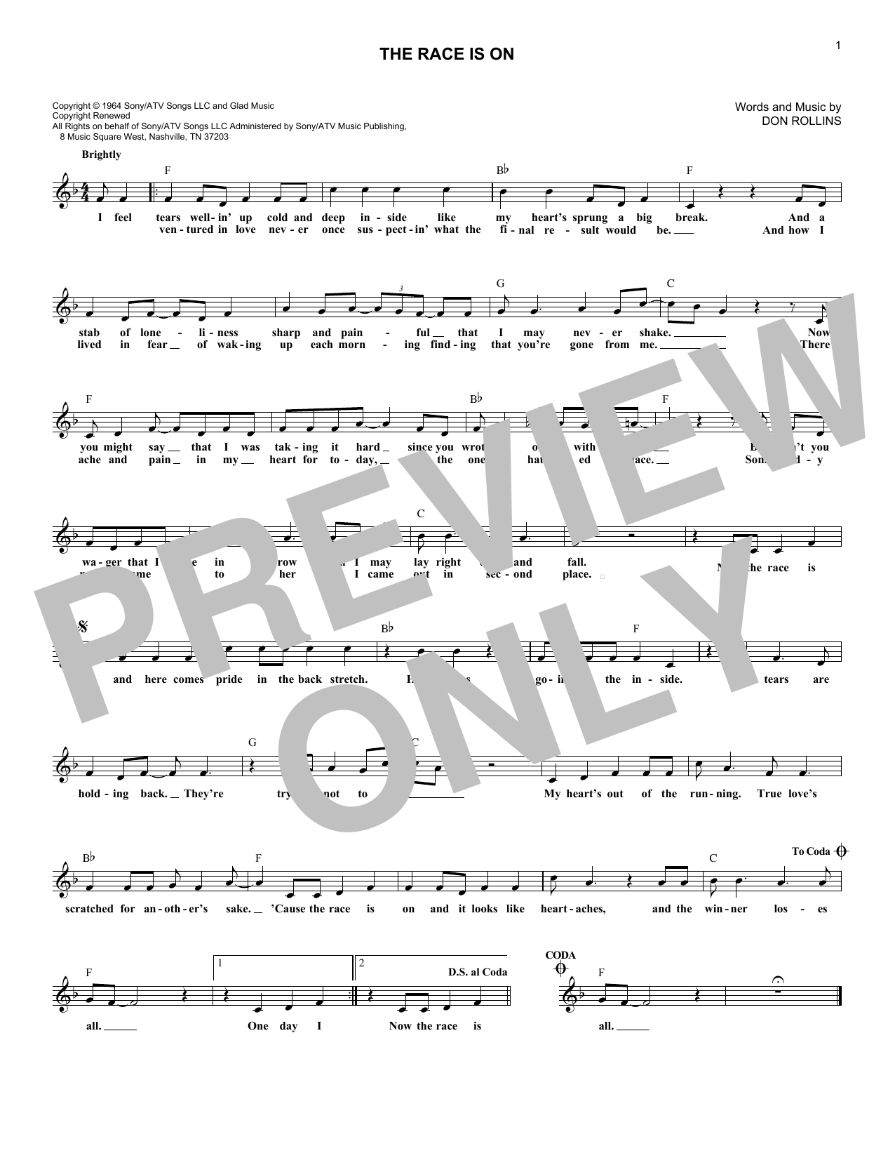 Download George Jones The Race Is On Sheet Music and learn how to play Melody Line, Lyrics & Chords PDF digital score in minutes