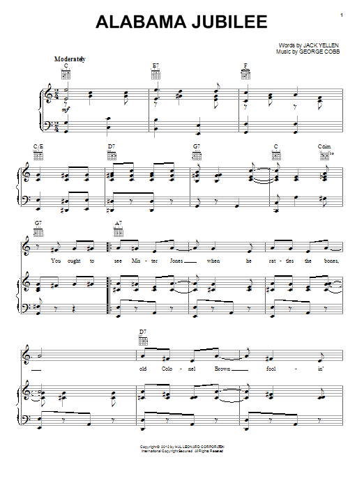 Download Jack Yellen Alabama Jubilee Sheet Music and learn how to play Piano, Vocal & Guitar (Right-Hand Melody) PDF digital score in minutes