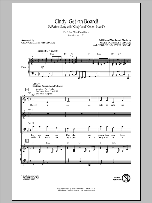 Download George L.O. Strid Cindy, Get On Board! Sheet Music and learn how to play 2-Part Choir PDF digital score in minutes