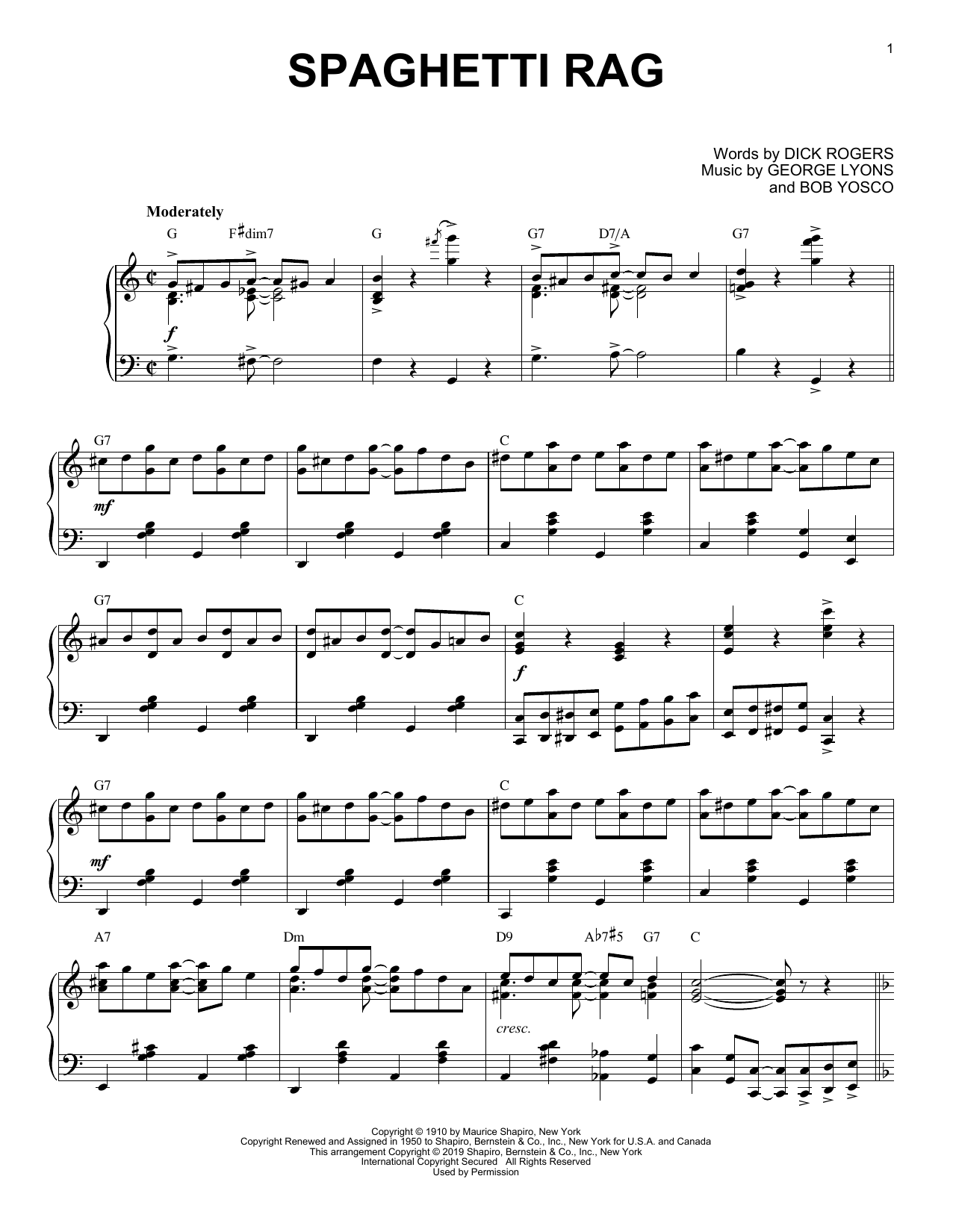 Download George Lyons and Bob Yosco Spaghetti Rag [Jazz version] Sheet Music and learn how to play Piano Solo PDF digital score in minutes