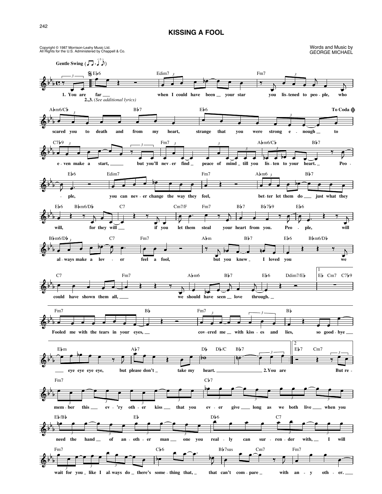 Download George Michael Kissing A Fool Sheet Music and learn how to play Piano, Vocal & Guitar (Right-Hand Melody) PDF digital score in minutes