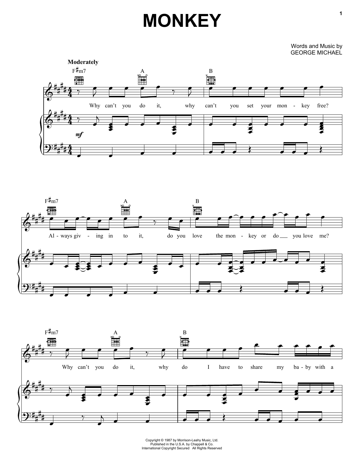 Download George Michael Monkey Sheet Music and learn how to play Piano, Vocal & Guitar (Right-Hand Melody) PDF digital score in minutes
