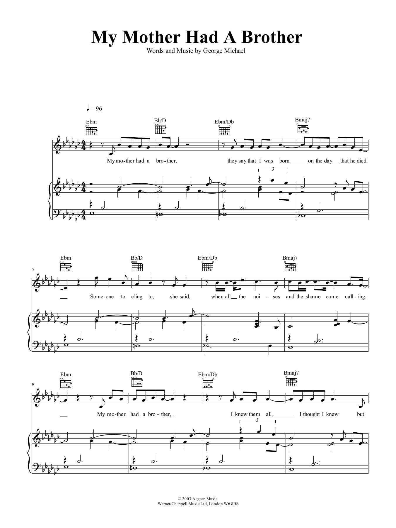 Download George Michael My Mother Had A Brother Sheet Music and learn how to play Piano, Vocal & Guitar (Right-Hand Melody) PDF digital score in minutes