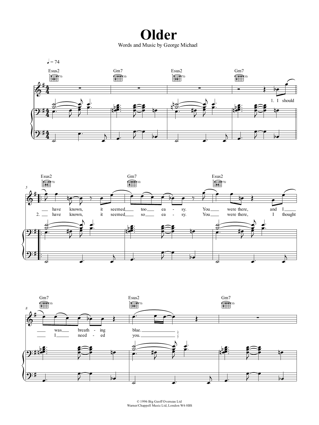 Download George Michael Older Sheet Music and learn how to play Piano, Vocal & Guitar (Right-Hand Melody) PDF digital score in minutes