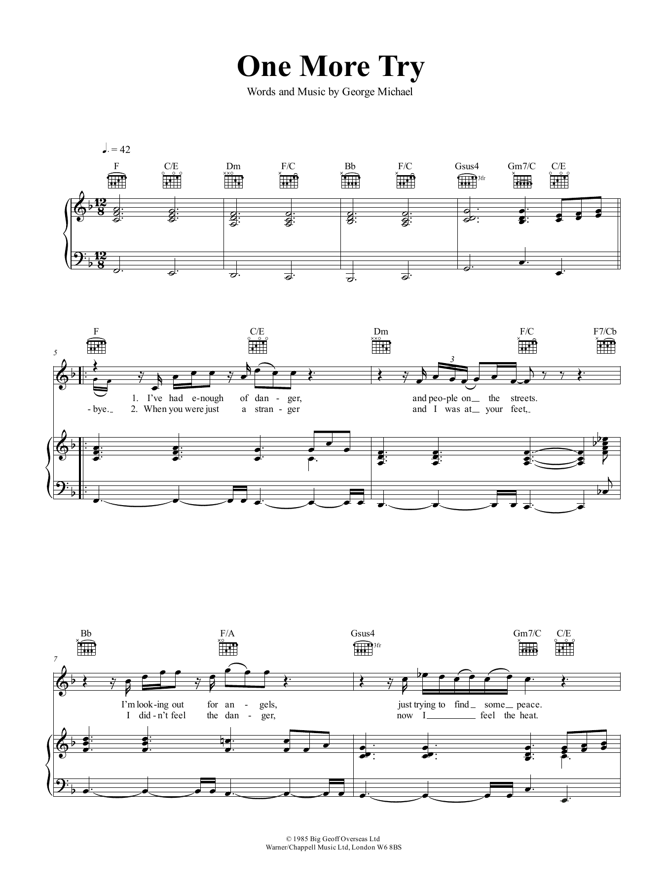 Download George Michael One More Try Sheet Music and learn how to play Piano, Vocal & Guitar (Right-Hand Melody) PDF digital score in minutes
