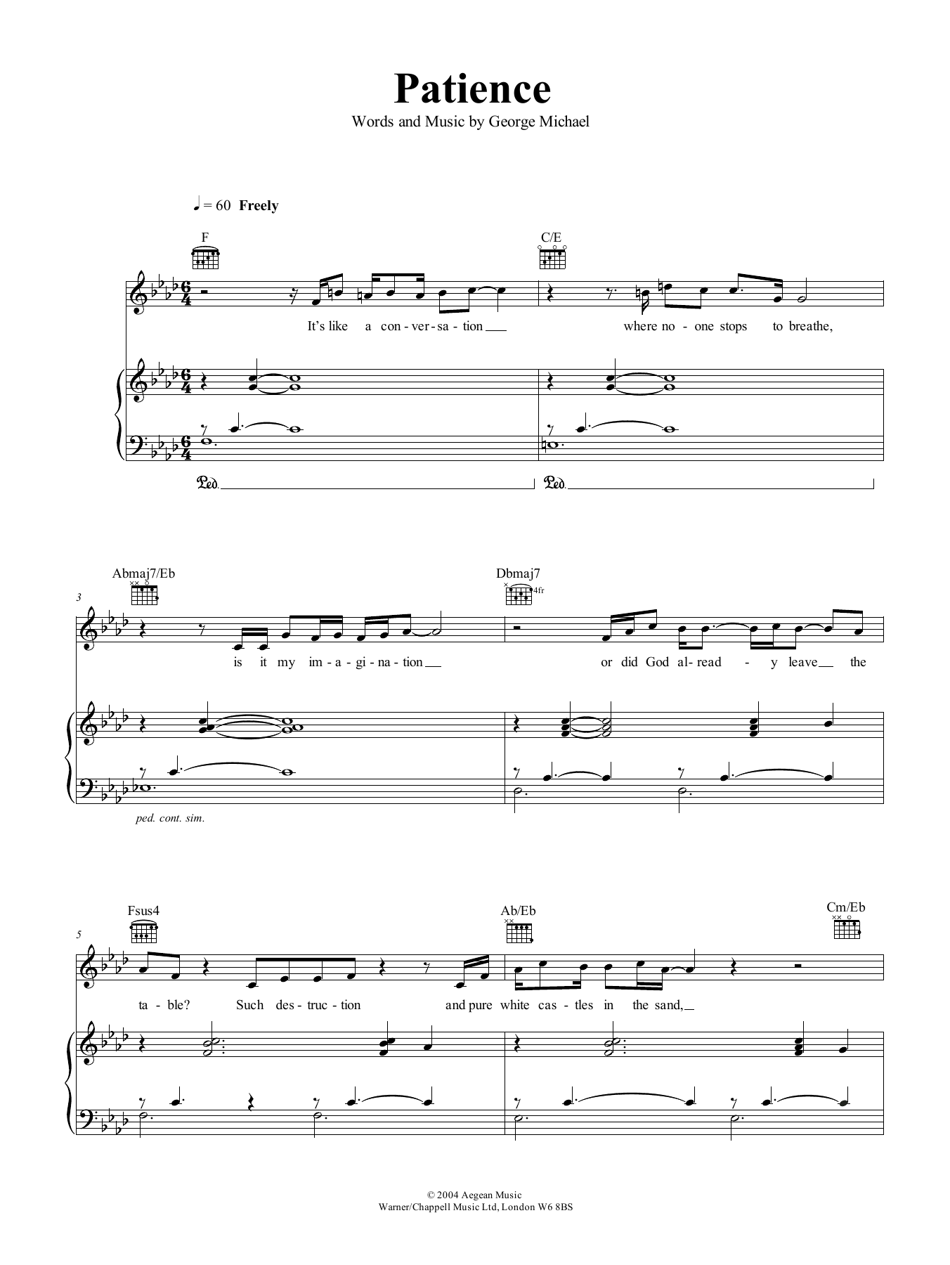 Download George Michael Patience Sheet Music and learn how to play Piano, Vocal & Guitar (Right-Hand Melody) PDF digital score in minutes