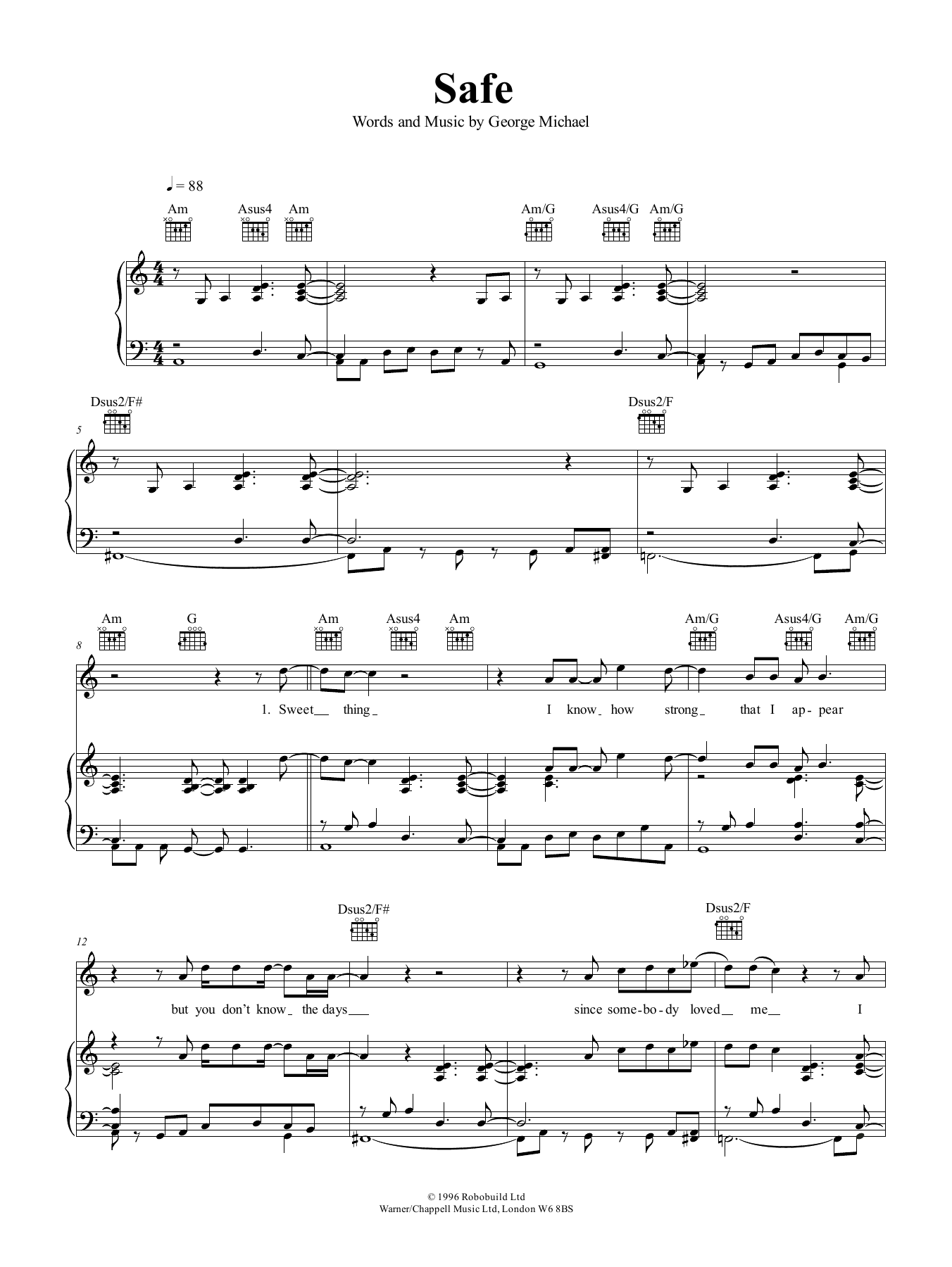 Download George Michael Safe Sheet Music and learn how to play Piano, Vocal & Guitar (Right-Hand Melody) PDF digital score in minutes