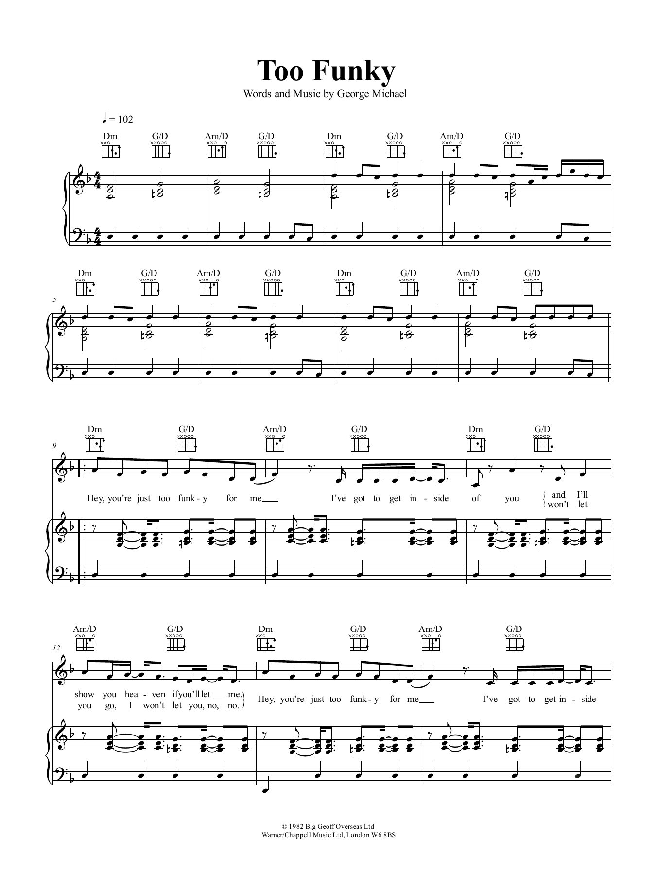 Download George Michael Too Funky Sheet Music and learn how to play Piano, Vocal & Guitar (Right-Hand Melody) PDF digital score in minutes